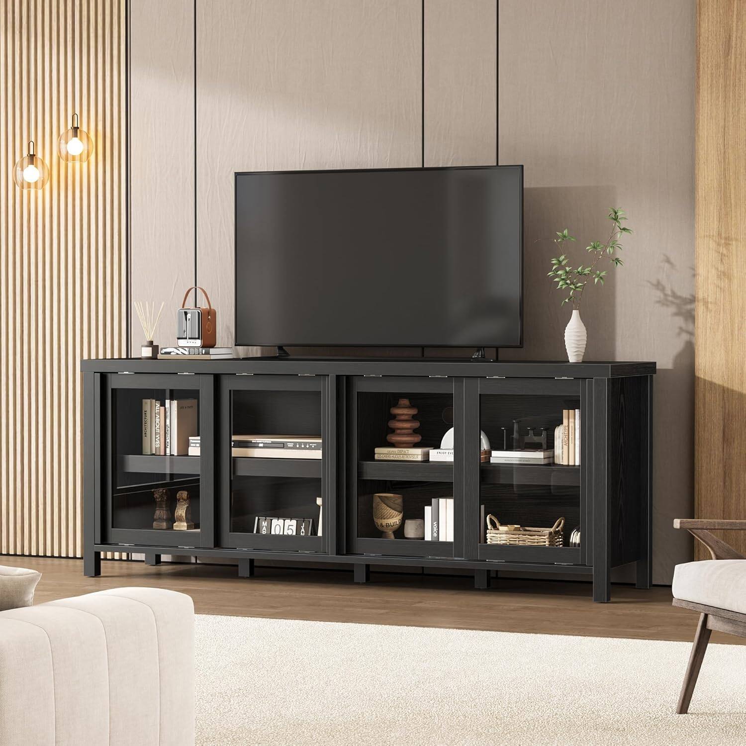 Front. Acekool - Sliding Glass TV Stand for 65" TVs, Mid-Century Entertainment Center with Storage Cabinet, Black - ‎Black.