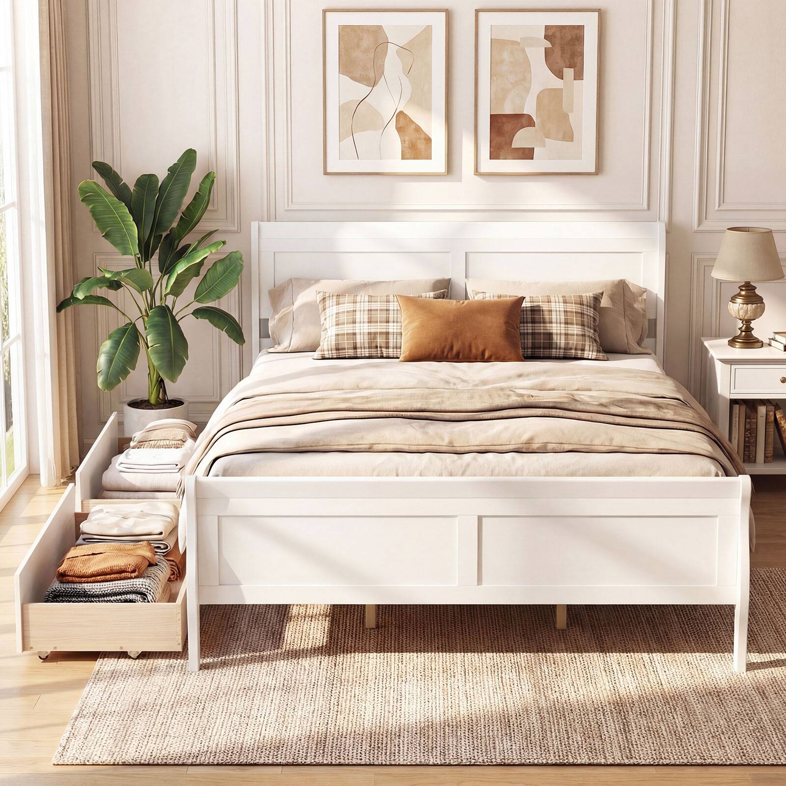 Alt View 3. Costway - Costway Queen Size Bed Frame with Storage Drawers, Wood Platform Bed with Headboard Footboard - White.
