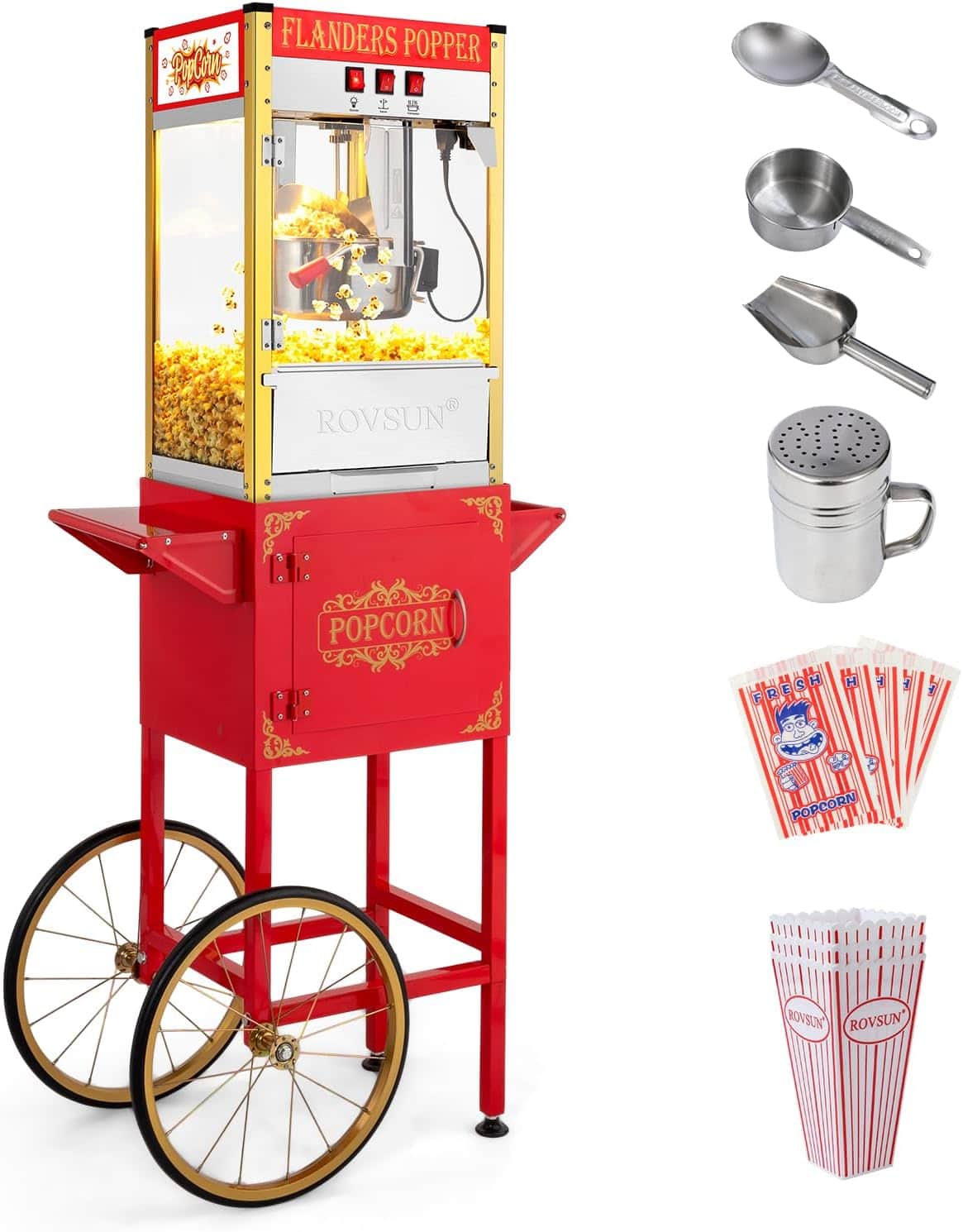 Winado - 800W Popcorn Machine Movie Theater Style with Cart & Wheels, 10 Ounce Kettle Makes Up to 40 Cups Popcorn Maker - Red