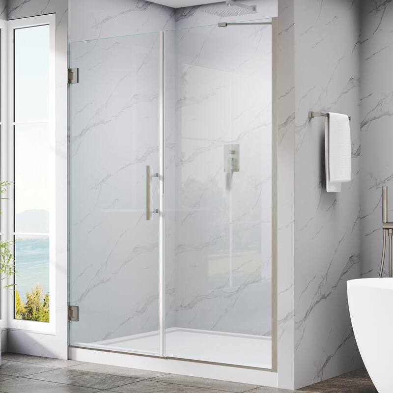 Angle. WELLFOR - 57–58 in. W x 72 in. H Frameless Hinged Shower Door with 3/8" Clear Tempered Glass, Reversible Opening - Brushed Nickel.
