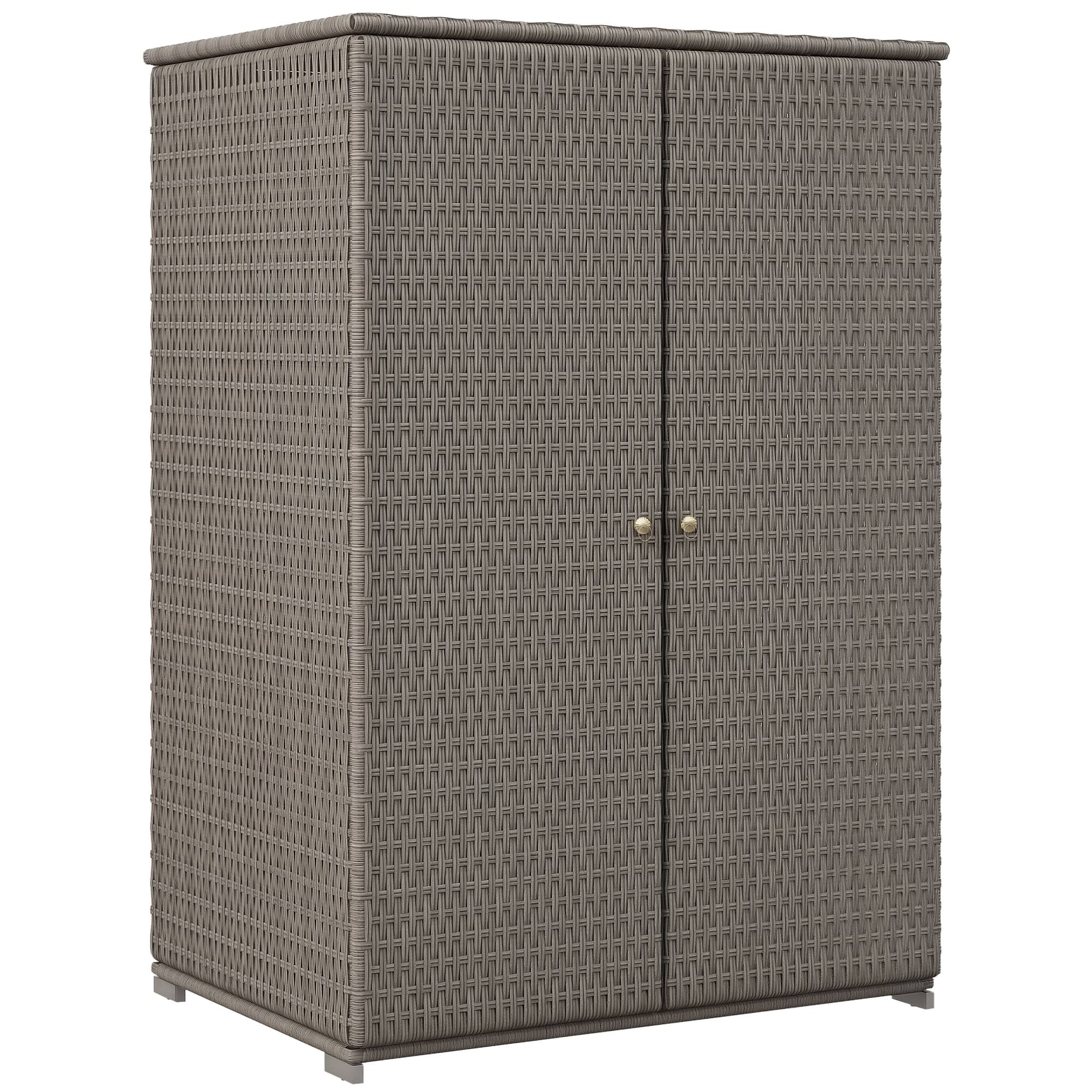 Front. Outsunny - Wicker Outdoor Storage Cabinet with Shelves, 2-Door Rattan Pool Towel Storage Cabinet with Removable Shelf & Drawer - Dark Gray.