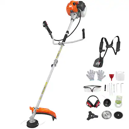 Front. VEVOR - Cordless String Trimmer, 43 cc 2-Stroke, Gas Powered Weed Wacker,17" Cordless Grass Trimmer, Multi-Functional Lawn Edger - Silver;Orange.