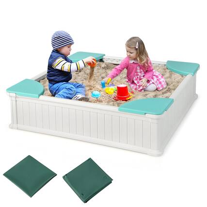 Front. Gymax - Gymax Kids Outdoor Sandbox 48.5'' x 48.5'' x 12.5'' Large HDPE Sandpit with Oxford Cover White - White.