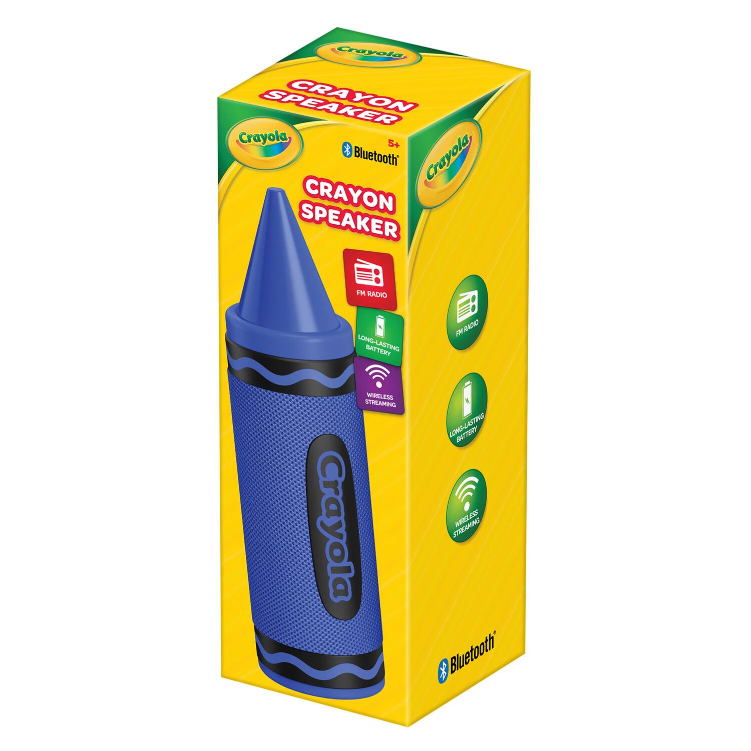 Crayola Crayon Speaker  
Bluetooth  
FM Radio  
Long-Lasting Battery  
Wireless Streaming