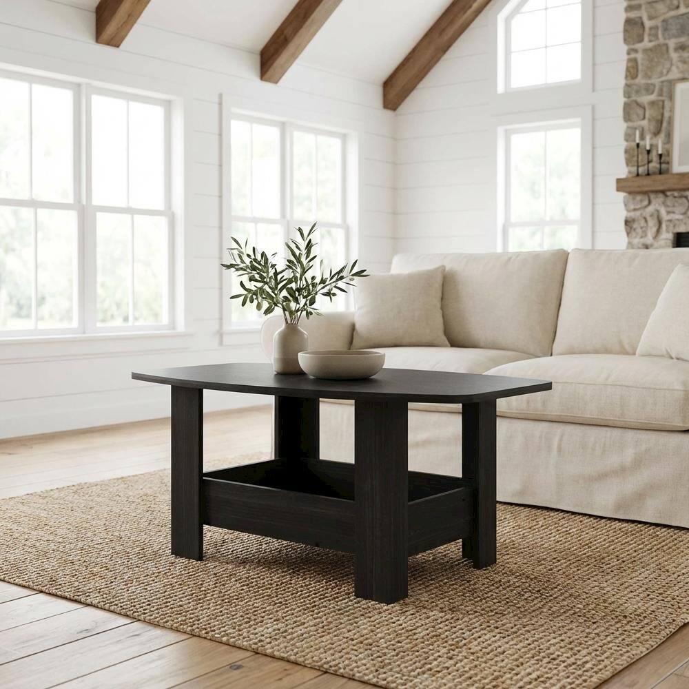 Angle. FurniFact - Espresso Coffee Table with Storage Compartment and Simple Design for Living Room - Espresso.