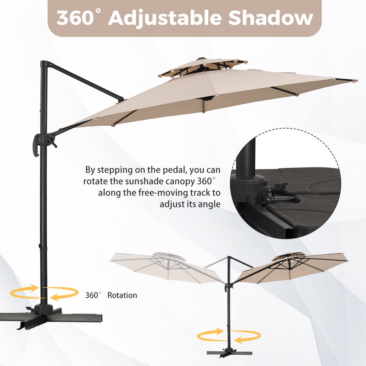 360° Adjustable Shadow

By stepping on the pedal, you can rotate the sunshade canopy 360° along the free-moving track to adjust its angle

360° Rotation