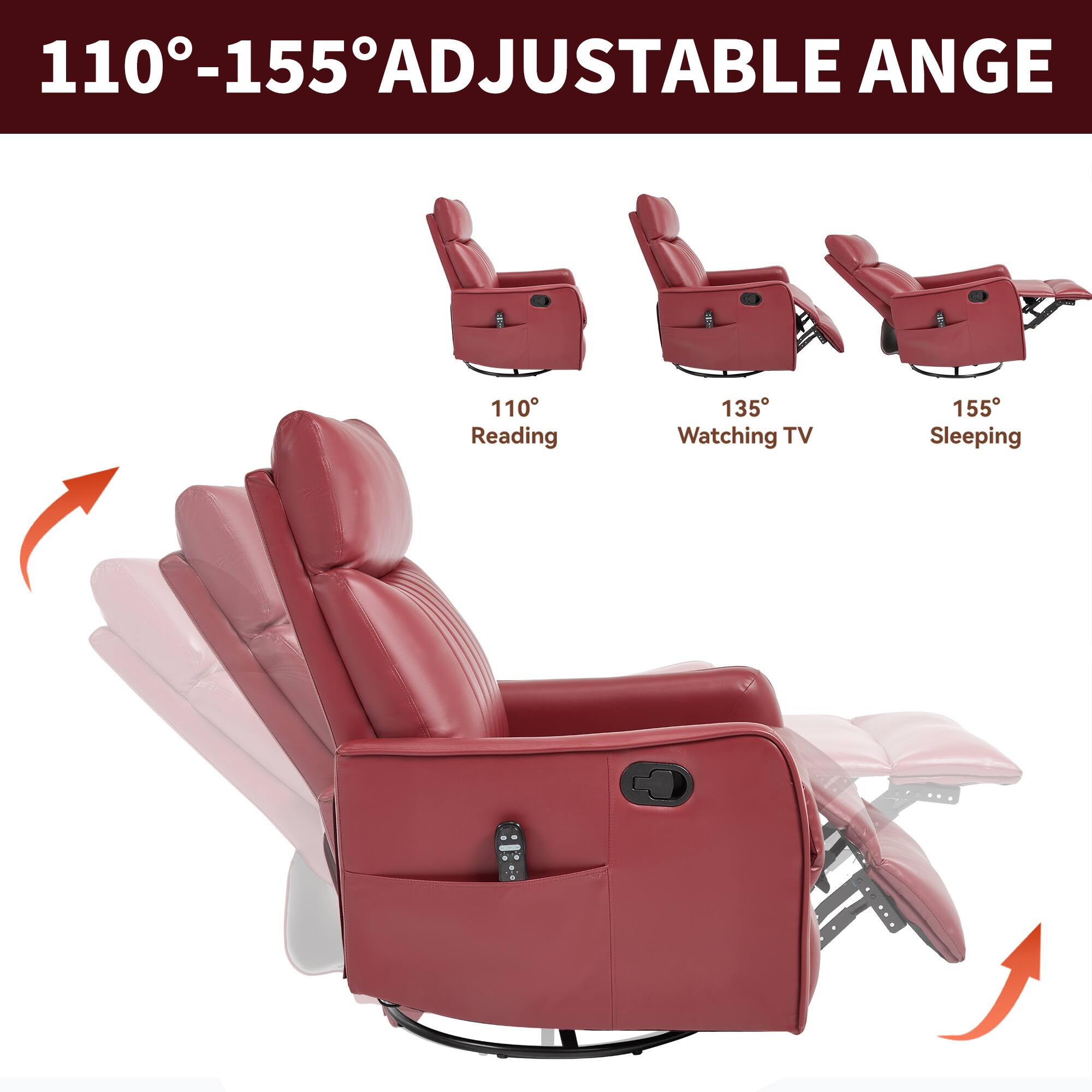 110°-155° ADJUSTABLE ANGLE

110° Reading  
135° Watching TV  
155° Sleeping