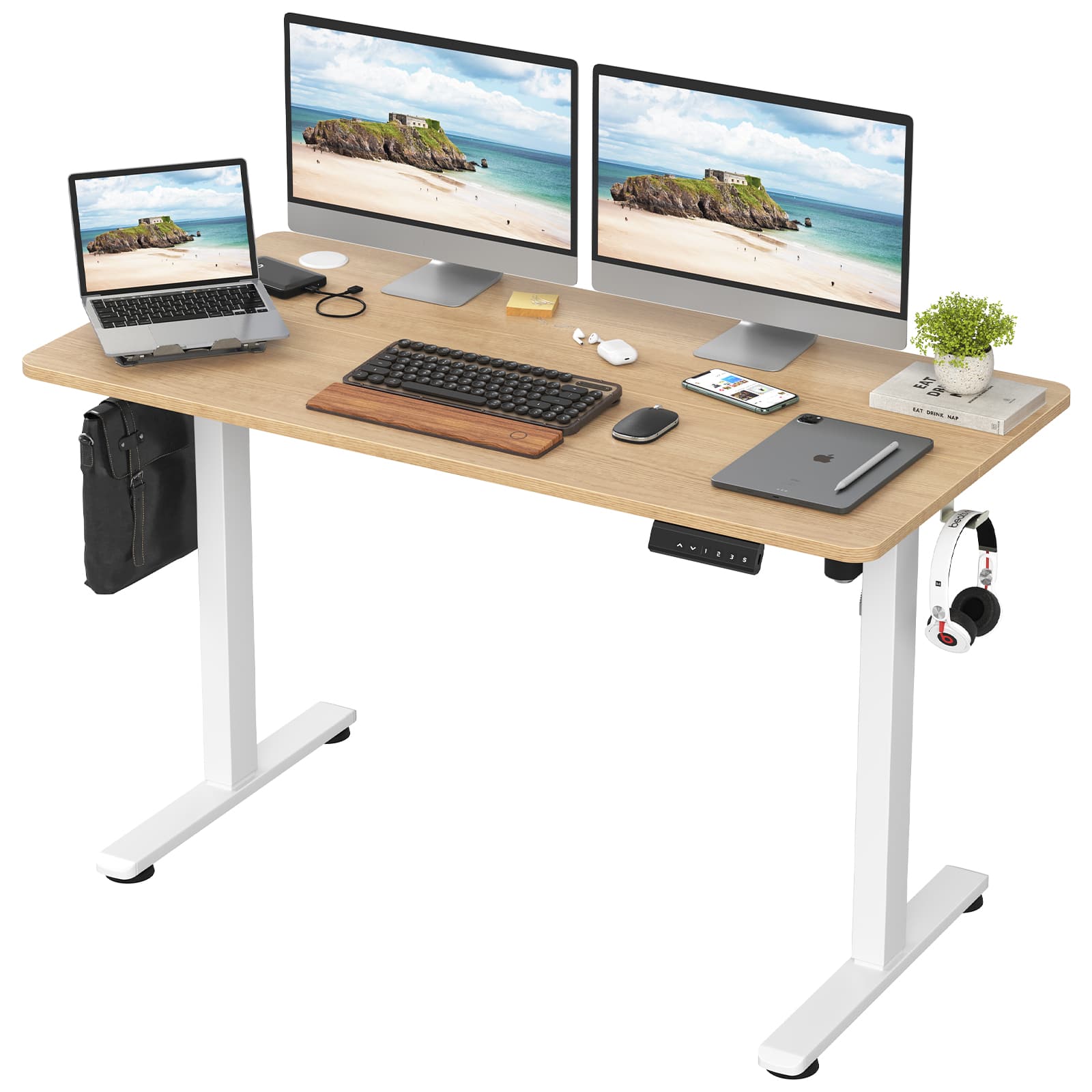 Glintex - Computer Desk Converter Height Adjustable 32 Inch Sit Stand Dual Monitor Laptop Workstation Keyboard Tray - Natural