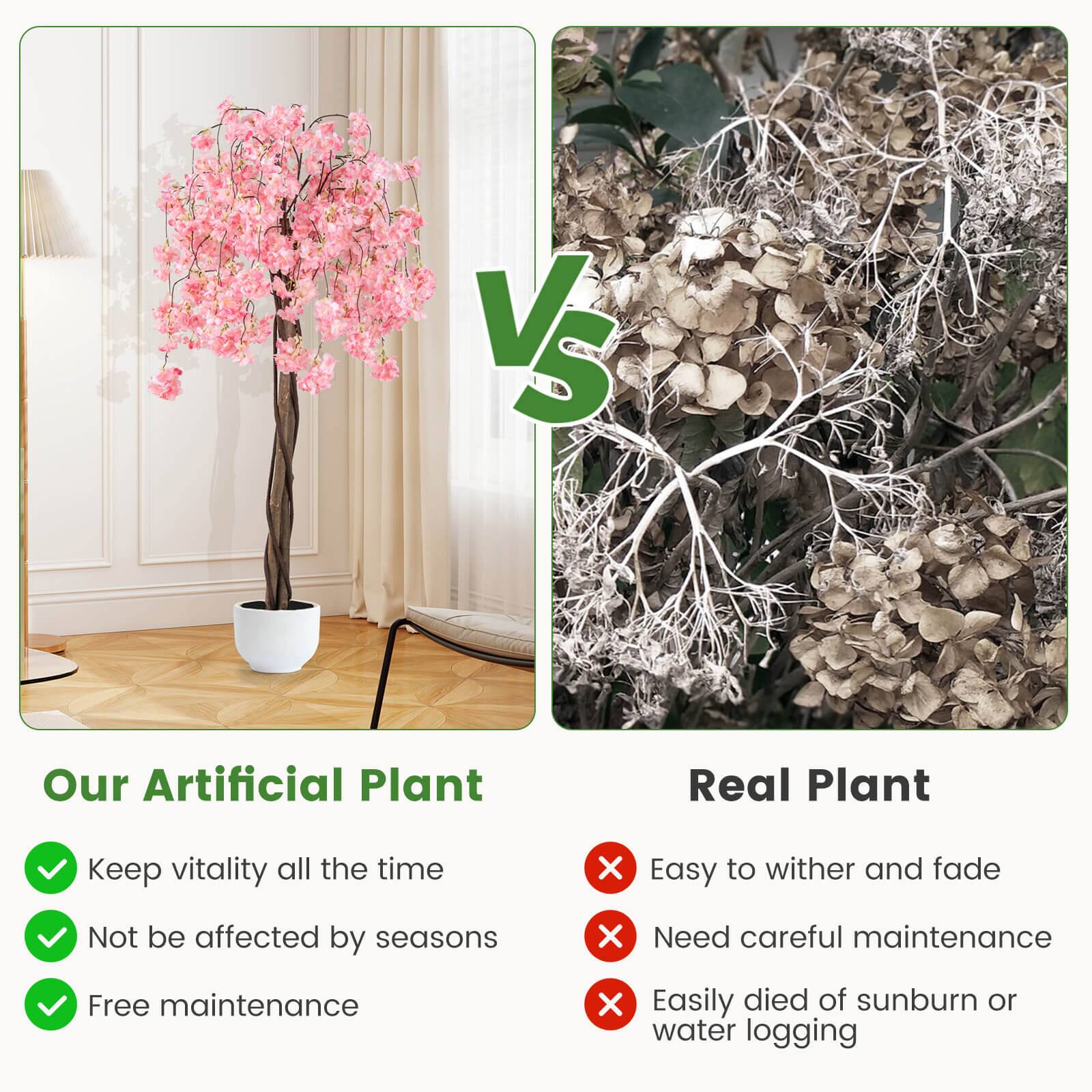 **Our Artificial Plant**

- Keep vitality all the time
- Not be affected by seasons
- Free maintenance

**Real Plant**

- Easy to wither and fade
- Need careful maintenance
- Easily died of sunburn or water logging