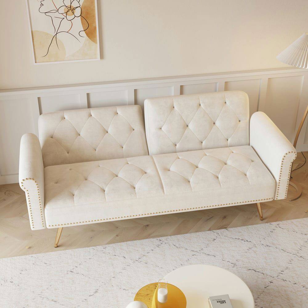 Alt View 6. Resenkos - 69.7" Velvet Sofa Bed with Nail Head Trim & Matching Throw Pillow - Beige.