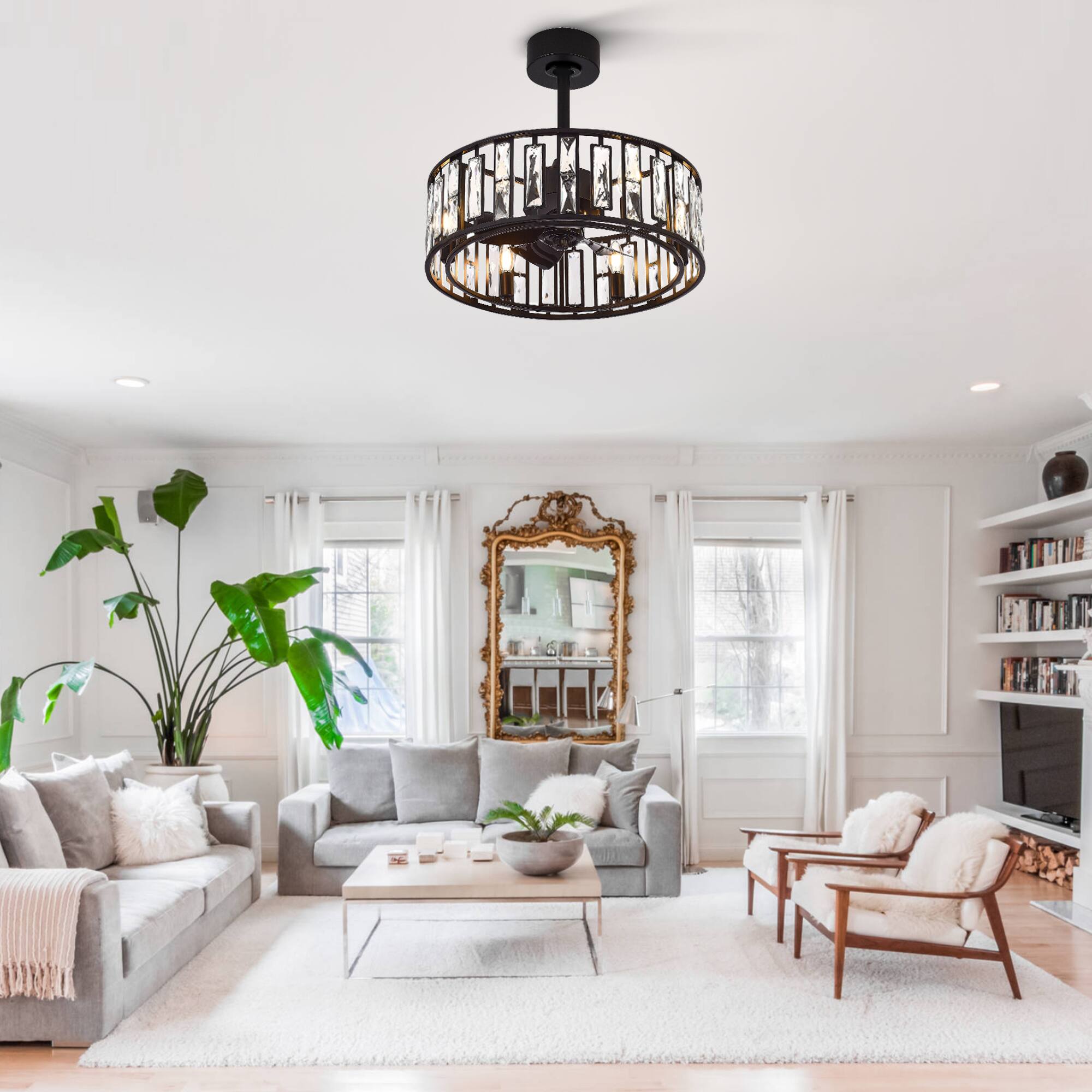 Alt View 2. Breezary - 20" Fandelier Cage Ceiling Fan with 5 ABS Blades, 3-Speed AC Motor, 5" & 10" Downrods, Remote Control & Timer - Matte Black.