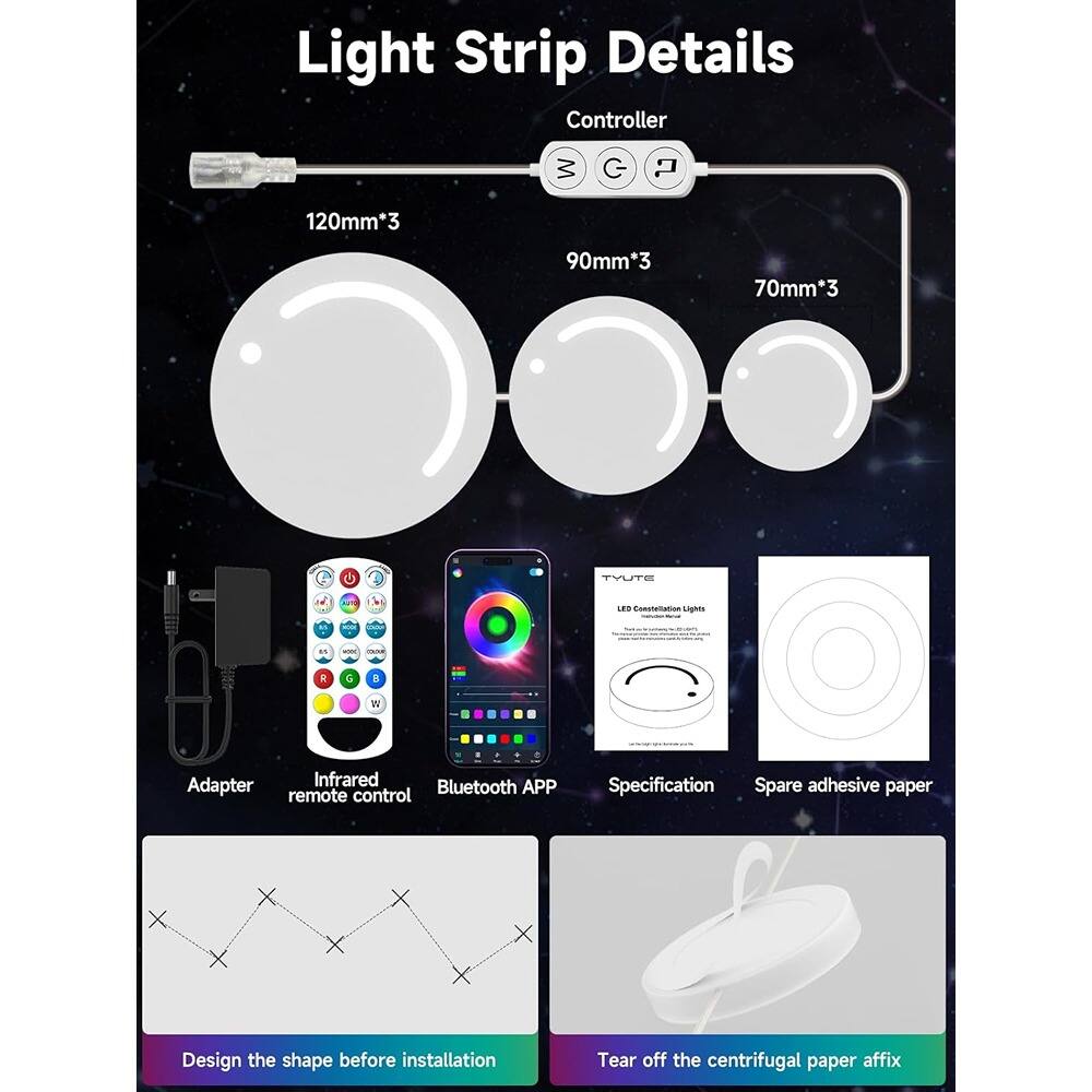 Light Strip Details

Controller
- 120mm*3
- 90mm*3
- 70mm*3

Adapter
Infrared remote control
Bluetooth APP
Specification
Spare adhesive paper

Design the shape before installation
Tear off the centrifugal paper affix