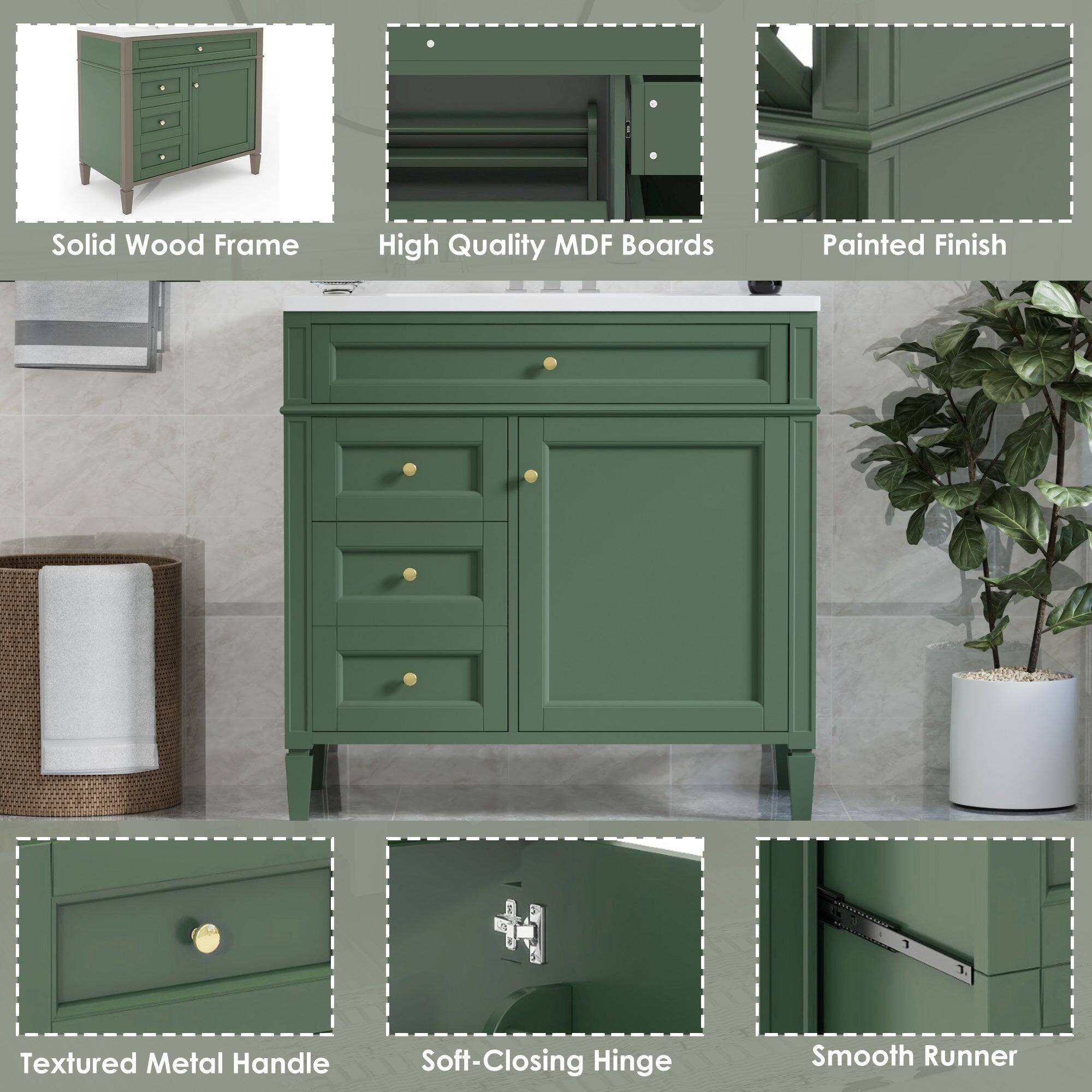 Solid Wood Frame  
High Quality MDF Boards  
Painted Finish  
Textured Metal Handle  
Soft-Closing Hinge  
Smooth Runner