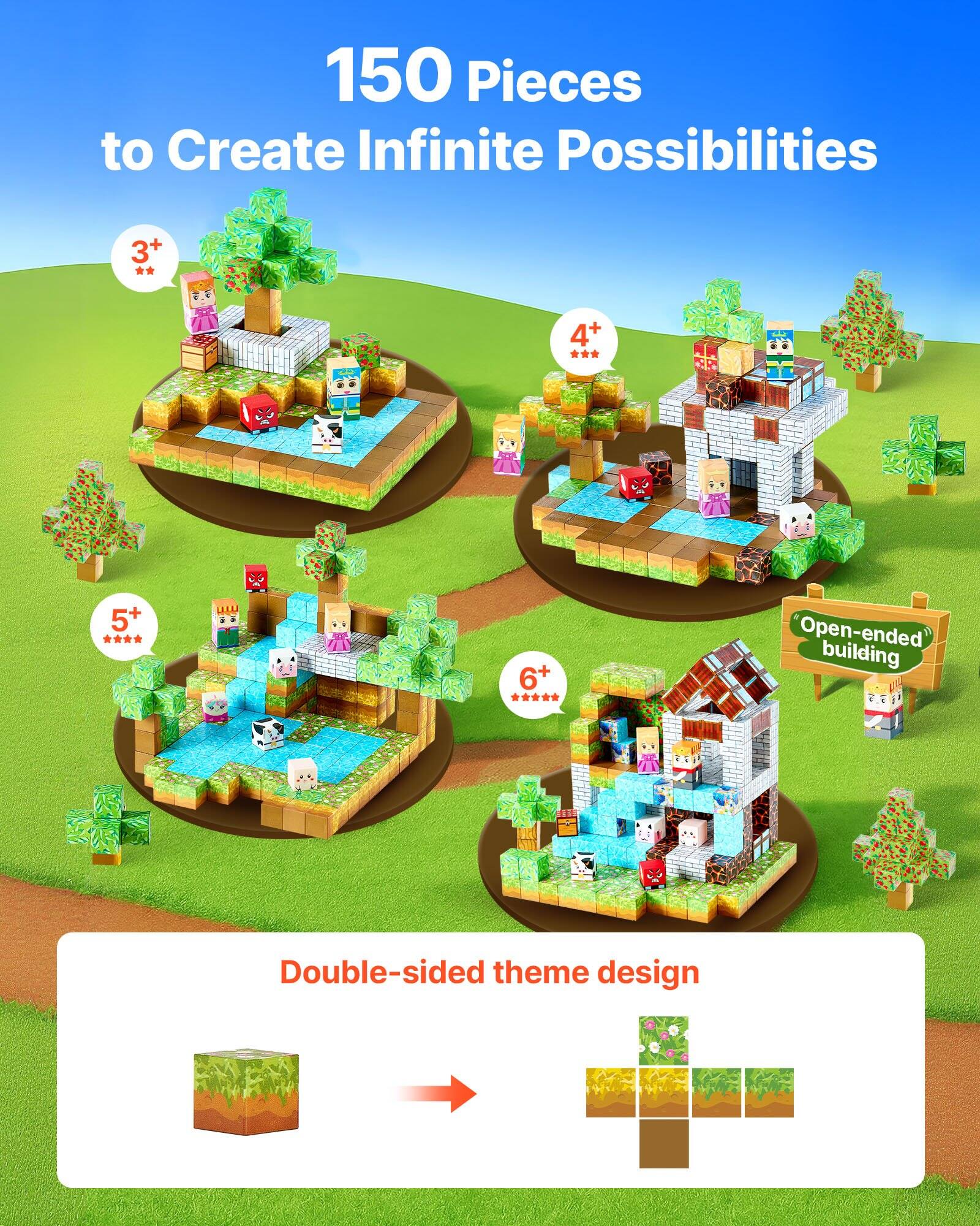 150 Pieces to Create Infinite Possibilities

3+  
4+  
5+  
6+  

Open-ended building  
Double-sided theme design