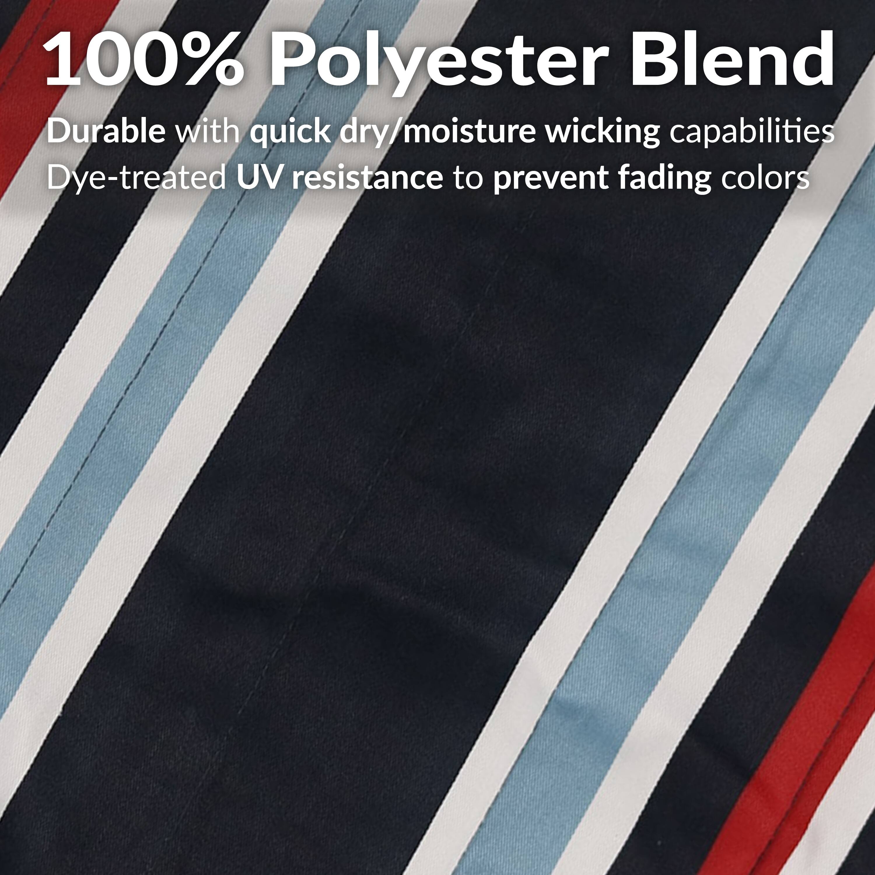 100% Polyester Blend

Durable with quick dry/moisture wicking capabilities

Dye-treated UV resistance to prevent fading colors