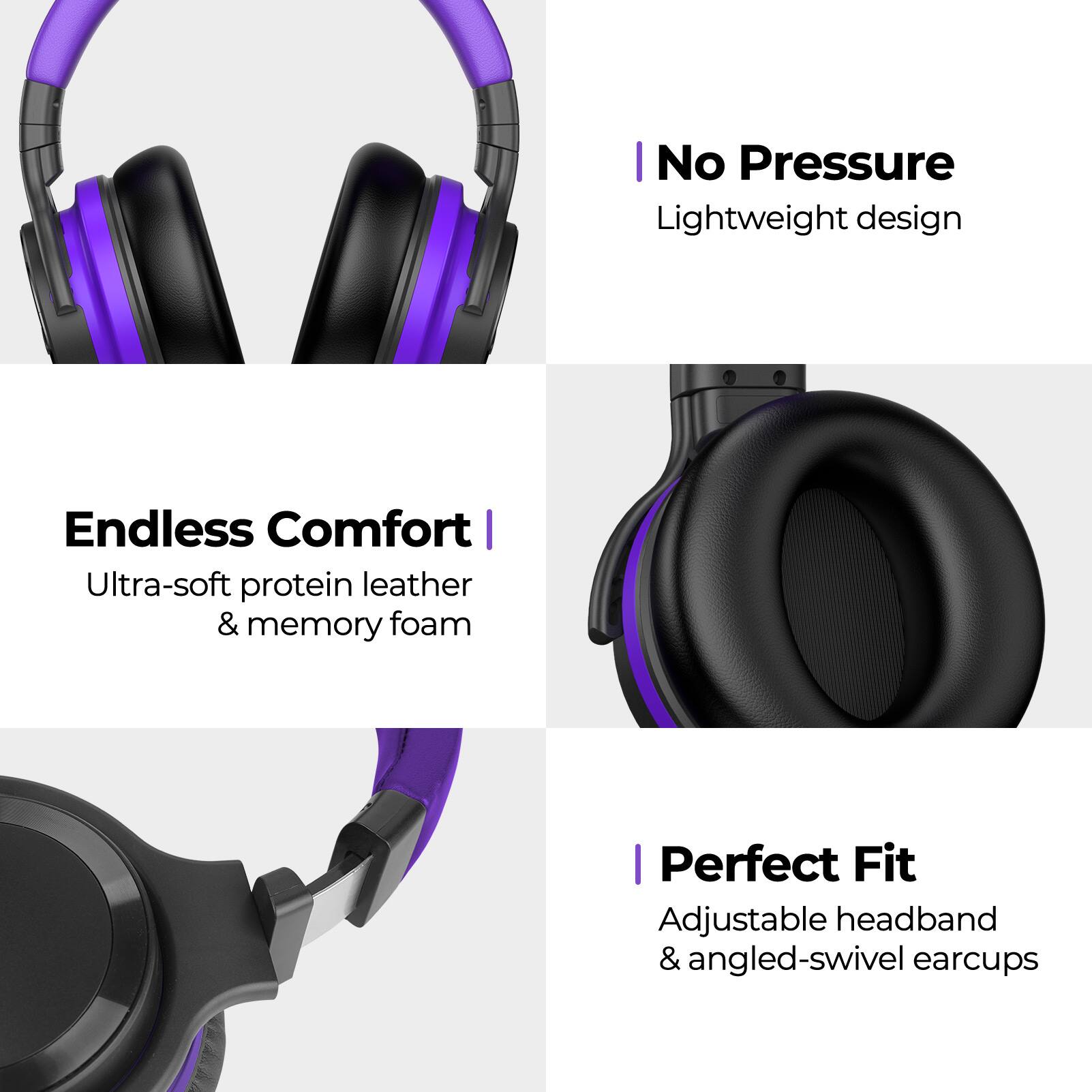 - No Pressure  
  Lightweight design

- Endless Comfort  
  Ultra-soft protein leather & memory foam

- Perfect Fit  
  Adjustable headband & angled-swivel earcups