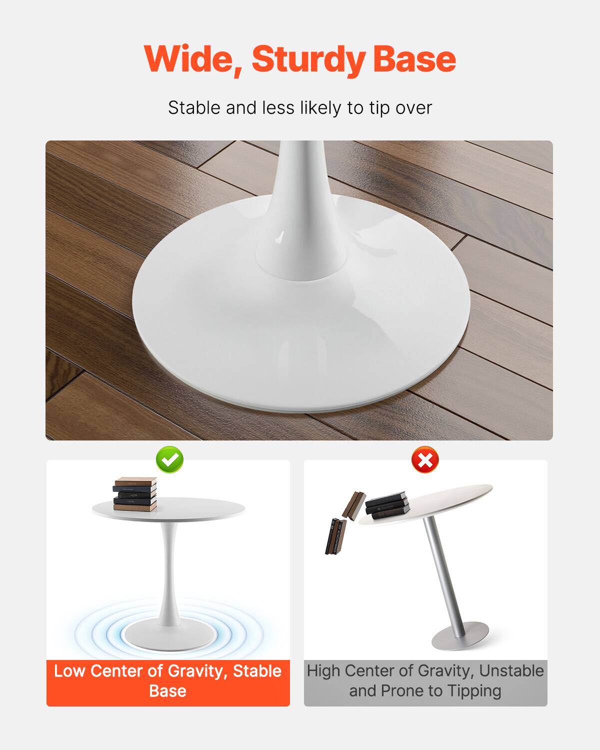Wide, Sturdy Base  
Stable and less likely to tip over  

Low Center of Gravity, Stable Base  

High Center of Gravity, Unstable and Prone to Tipping