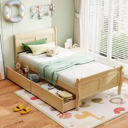 Costway - Twin Size Bed Frame with 2 Storage Drawers Wood Platform Bed with Headboard - Natural