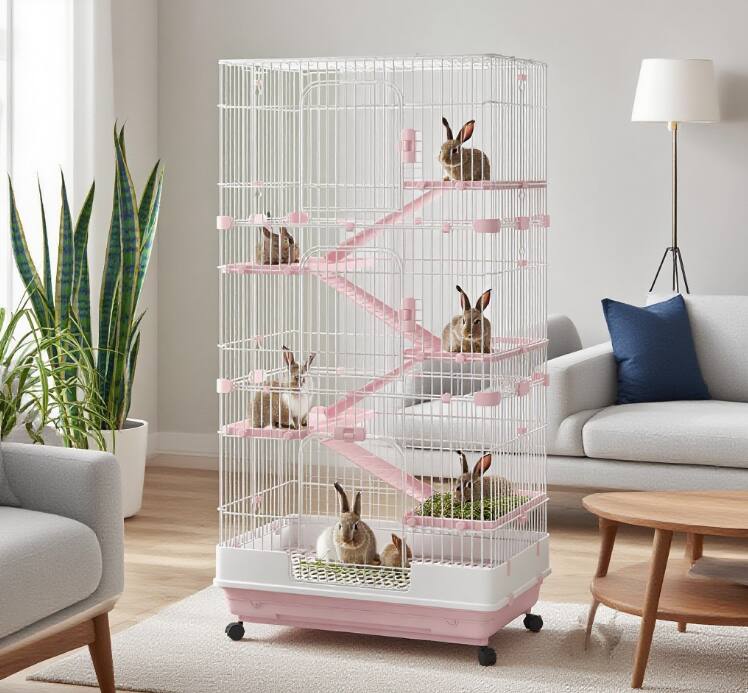 Angle. TinyHomie - Small Animal Rabbit Hutch with Lockable Universal Wheels.