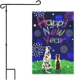 G128 - Garden Flag Stand 36 x 16 in with 12 x 18 in Happy New Year Dog & Cat Garden Flag - Assorted Colors