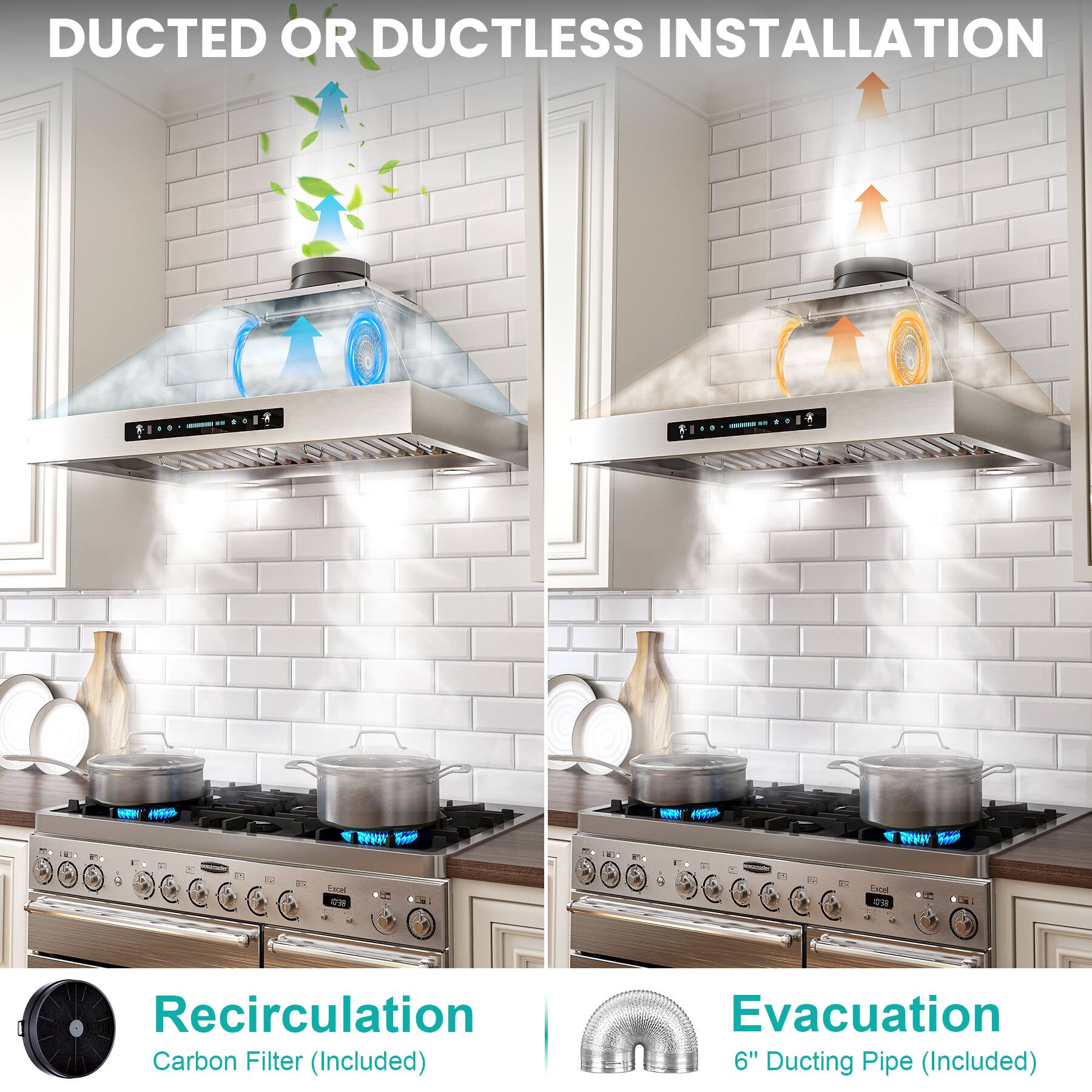 DUCTED OR DUCTLESS INSTALLATION

Recirculation
Carbon Filter (Included)

Evacuation
6" Ducting Pipe (Included)