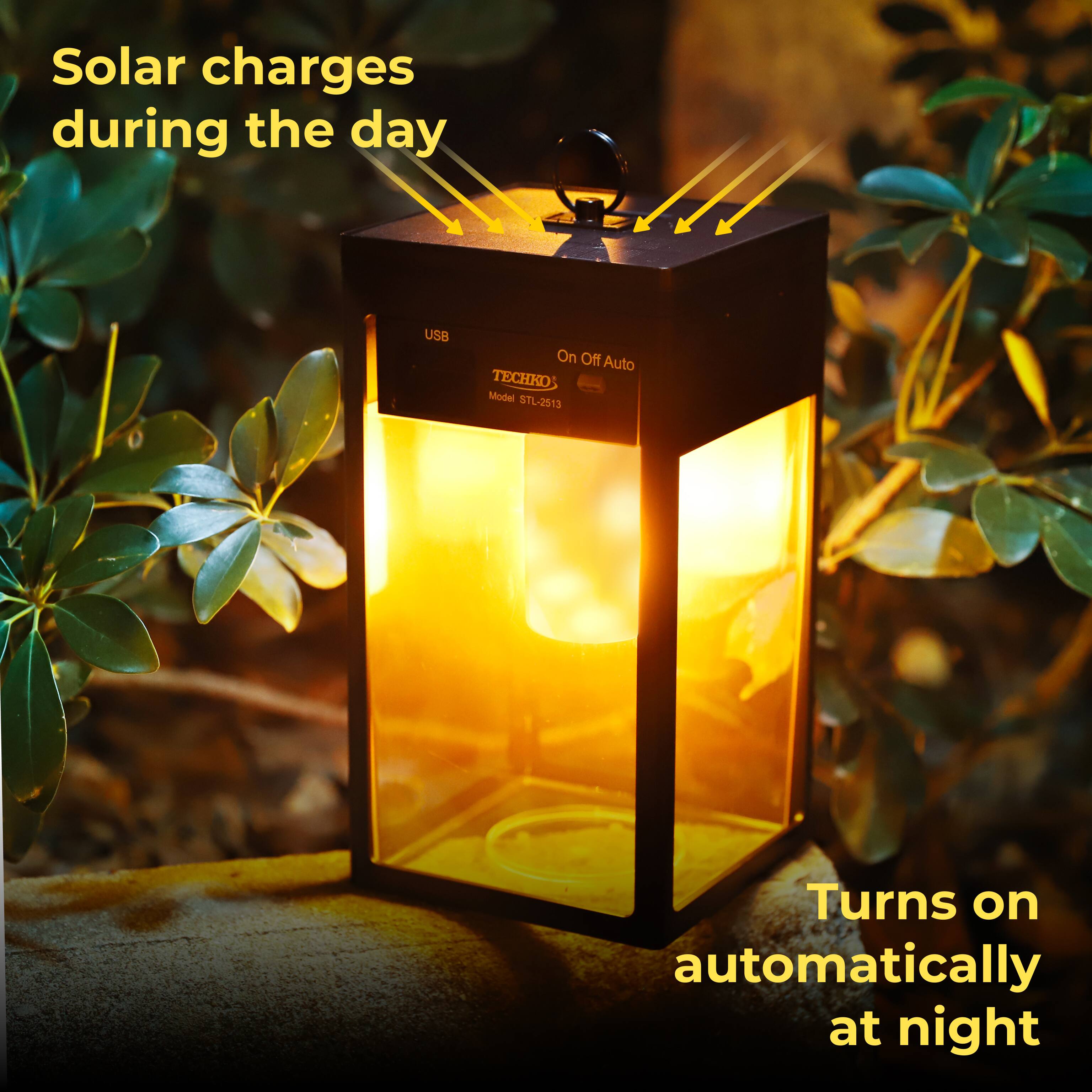 Solar charges during the day, Turns on automatically at night, USB On Off Auto, CHKO Model STL-2513