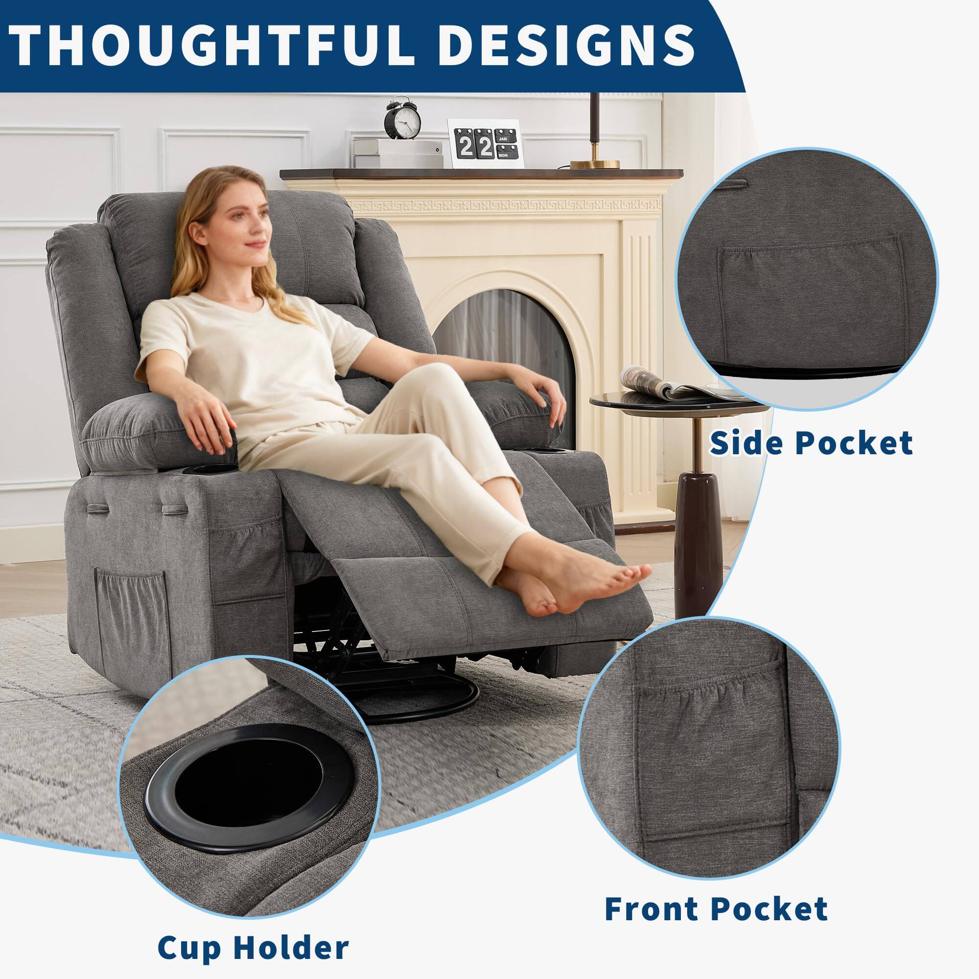 THOUGHTFUL DESIGNS

- Side Pocket
- Cup Holder
- Front Pocket