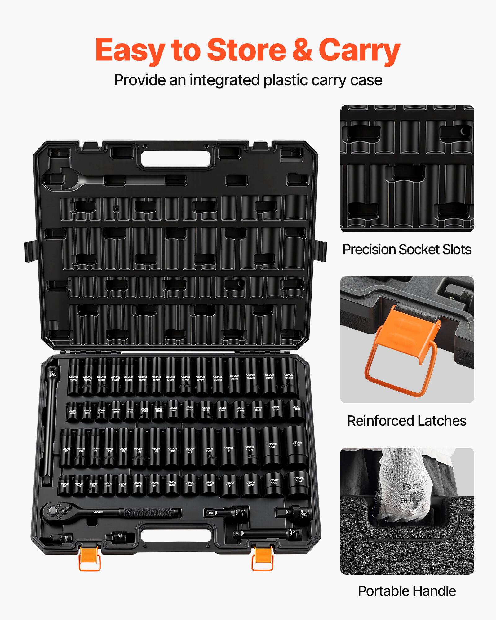 Easy to Store & Carry  
Provide an integrated plastic carry case  

Precision Socket Slots  

Reinforced Latches  

Portable Handle