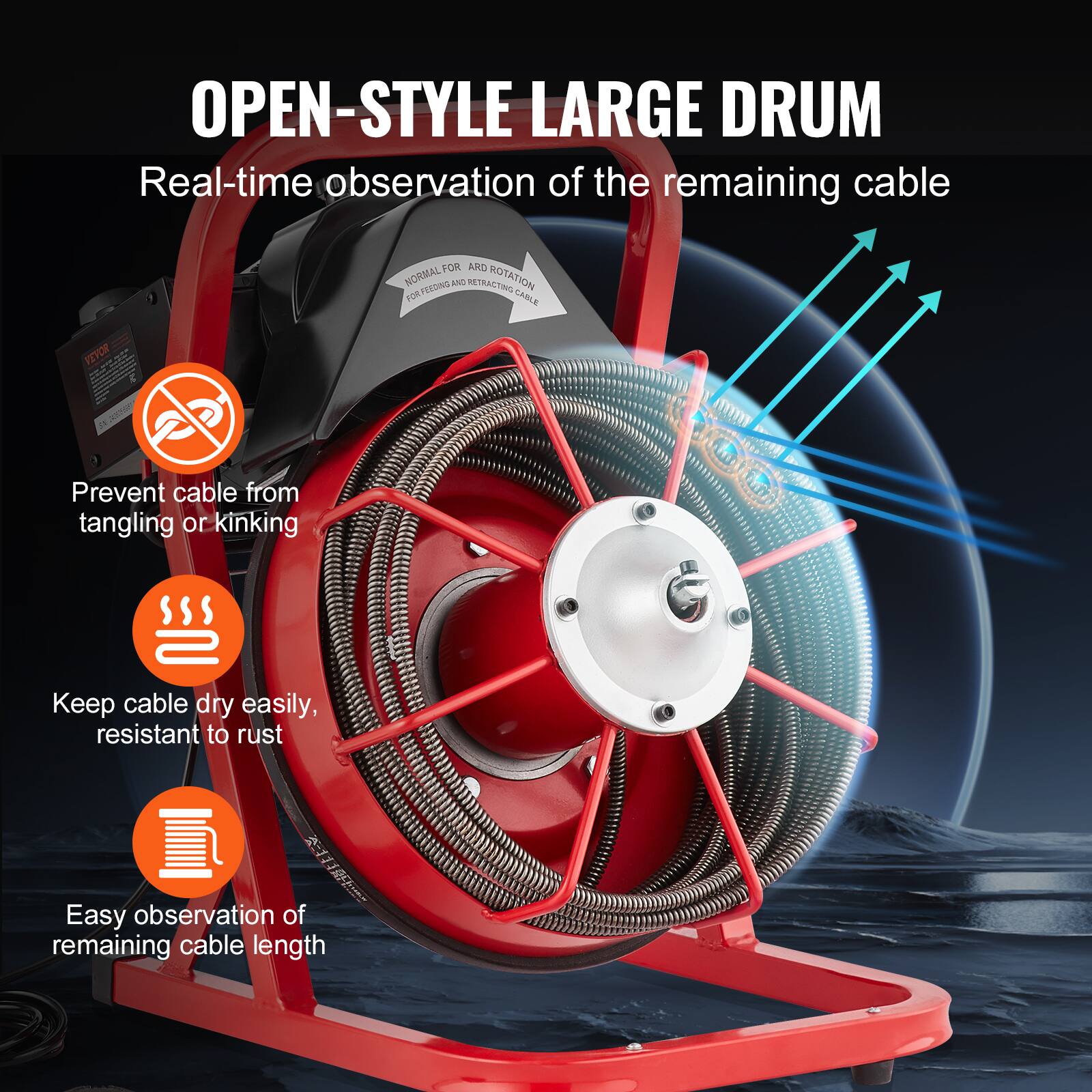 OPEN-STYLE LARGE DRUM
Real-time observation of the remaining cable
Prevent cable from tangling or kinking
Keep cable dry easily, resistant to rust
Easy observation of remaining cable length