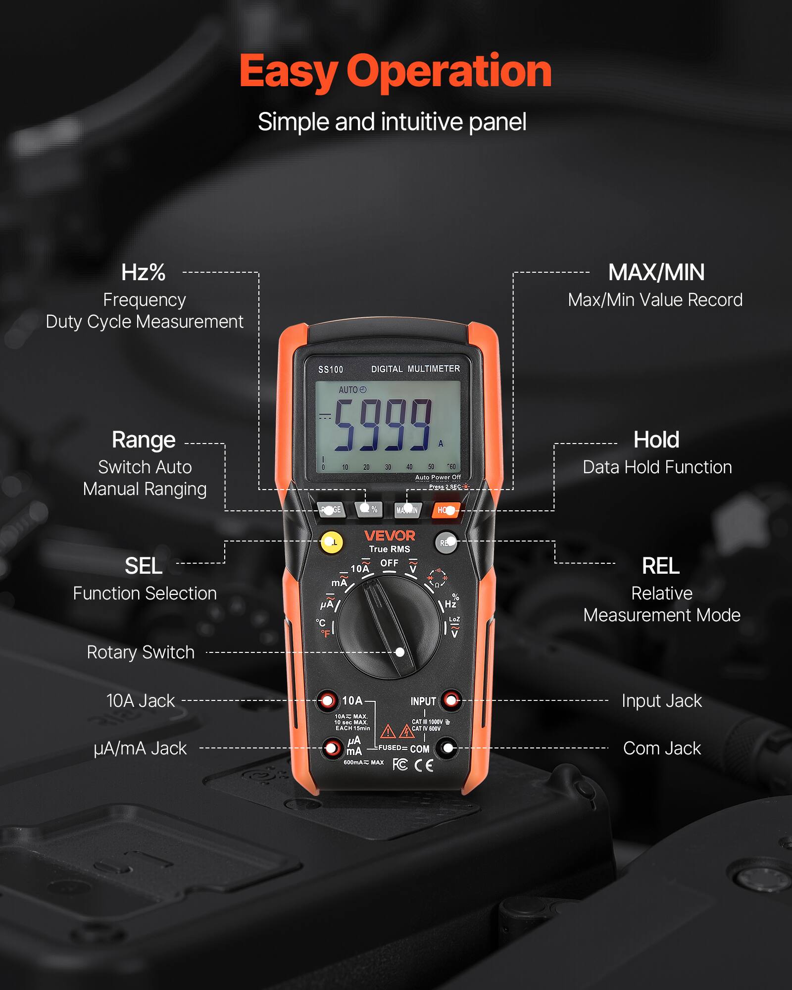 Easy Operation  
Simple and intuitive panel  

- Hz%  
  Frequency Duty Cycle Measurement  

- MAX/MIN  
  Max/Min Value Record  

- Range  
  Switch Auto Manual Ranging  

- SEL  
  Function Selection  

- Hold  
  Data Hold Function  

- REL  
  Relative Measurement Mode  

- 10A Jack  

- µA/mA Jack  

- Input Jack  

- Com Jack  

- Rotary Switch  

- SS100 DIGITAL MULTIMETER AUTO  

- 5999 A  

- 1 29 3 E i Auts PAusr L Evna LEC CE HO  

- True RMS  

- OFF  

- 10A  

- V mA  

- Hz  

- Laz  

- 10A Jack  

- 1000W EACH 15min  

- CNT  

- MV  

- FUSED  

- COM  

- Am  

- 600mA MAX Input Jack