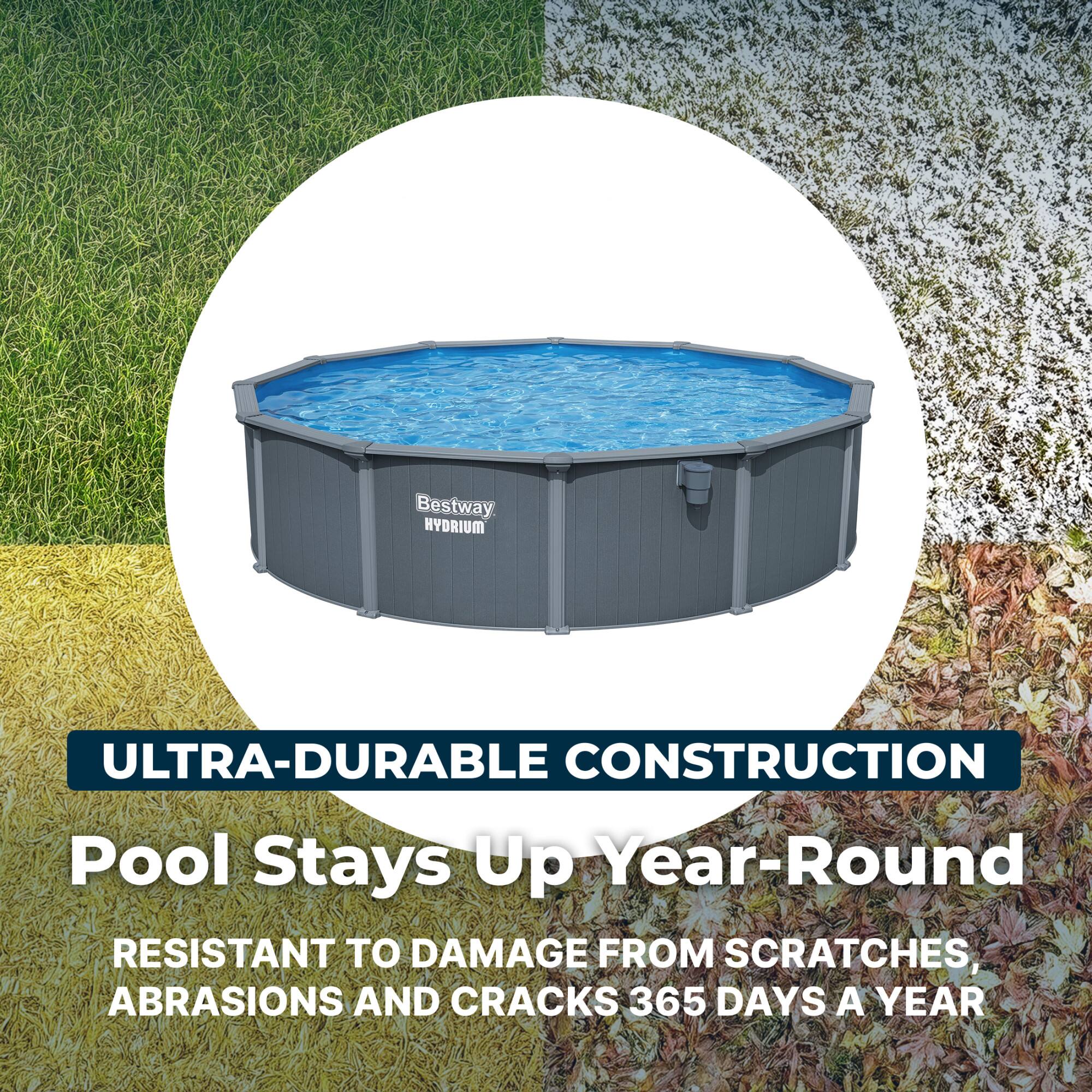 Bestway HYDRIUM ULTRA-DURABLE CONSTRUCTION Pool Stays Up Year-Round RESISTANT TO DAMAGE FROM SCRATCHES, ABRASIONS AND CRACKS 365 DAYS A YEAR