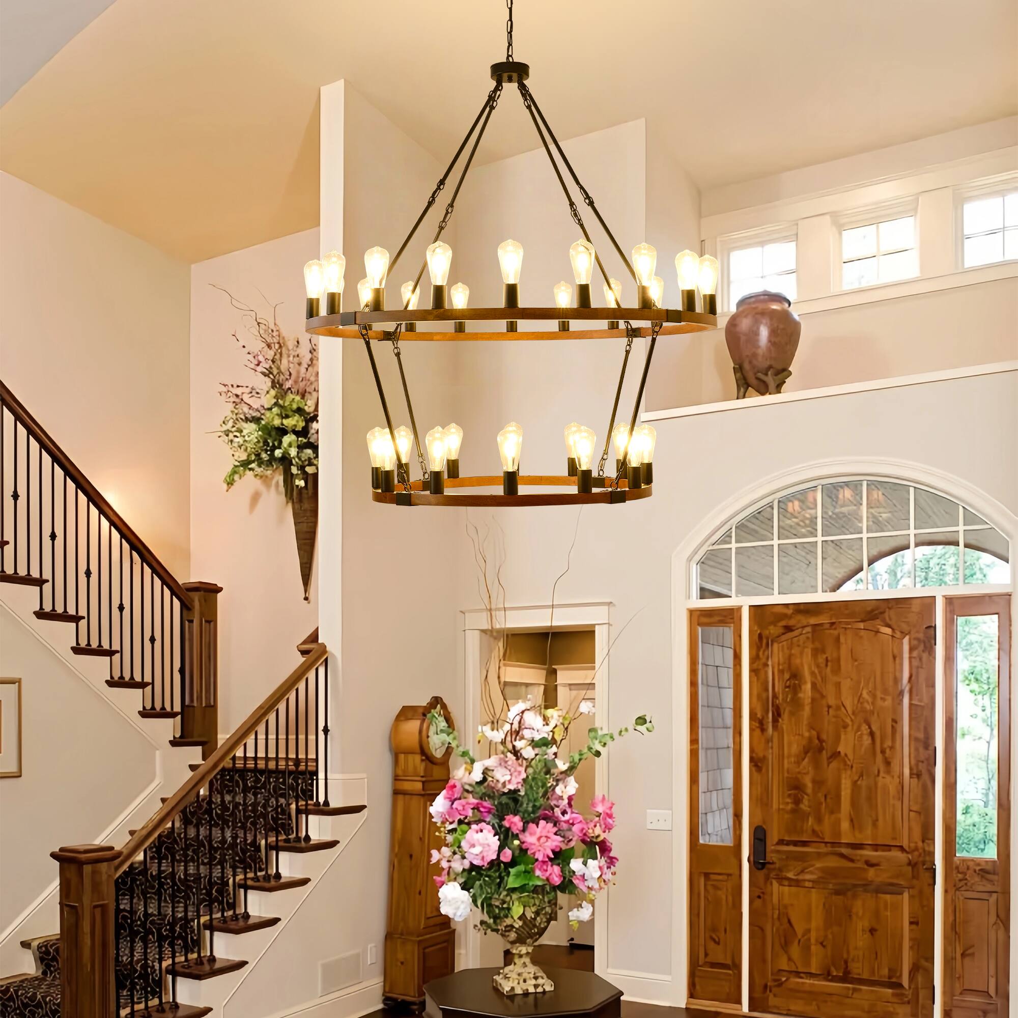 Alt View 5. RYHNUYNE - 2 Tier Wooden Wagon Wheel Chandelier,32-Light 47'' Large Farmhouse Chandelier,Round Wood Chandelier for High Ceiling - Brown.