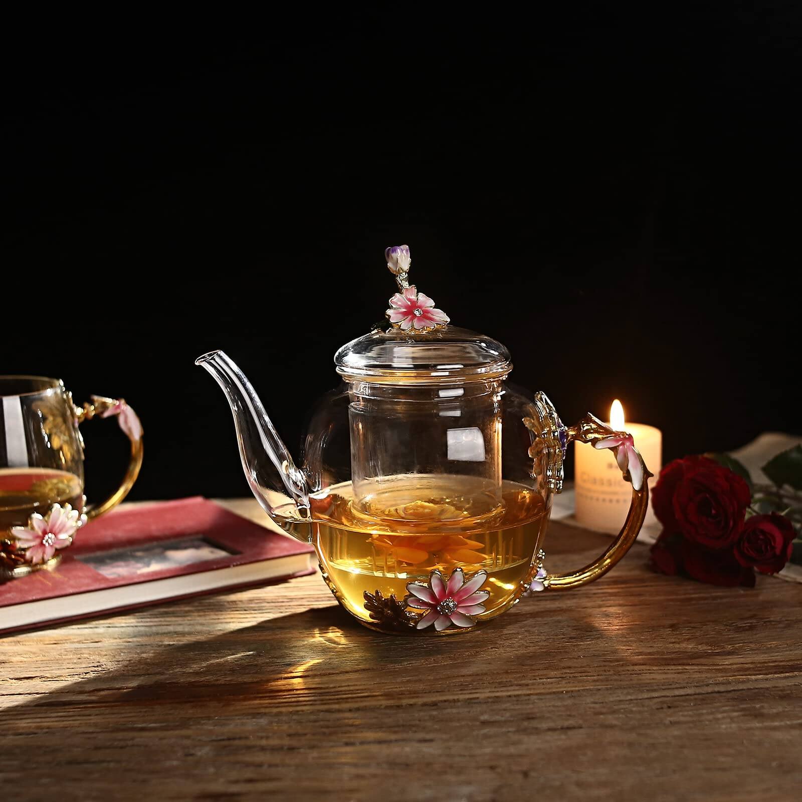 Left. PARKER SLATER - 35oz Enamel Glass Flower Teapot With Removable Loose Tea Leaf Infuser Maker Gifts For Women Mom Mothers Day Christmas... - Mom.