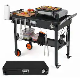 Costway - 32"W x 18"D Folding Grill Cart for 17 & 22" Griddles with Heat-Resistant Mat Wheels - Black