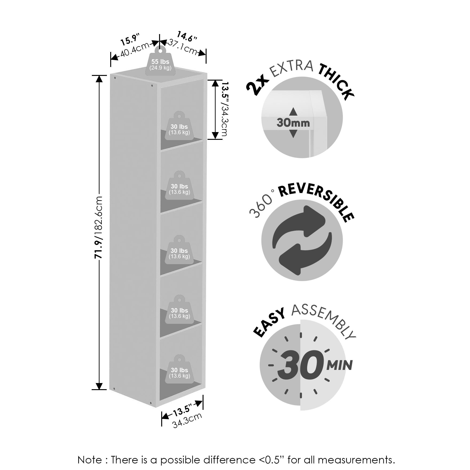 71.9/182.6cm  
15.9" / 40.4cm  
14.6" / 37.1cm  
13.5" / 34.3cm  
55 lbs (24.9 kg)  
30 lbs (13.6 kg)  
30 lbs (13.6 kg)  
30 lbs (13.6 kg)  
30 lbs (13.6 kg)  
30 lbs (13.6 kg)  
2x EXTRA THICK 30mm  
360° REVERSIBLE  
EASY ASSEMBLY 30 MIN  
Note: There is a possible difference <0.5" for all measurements.