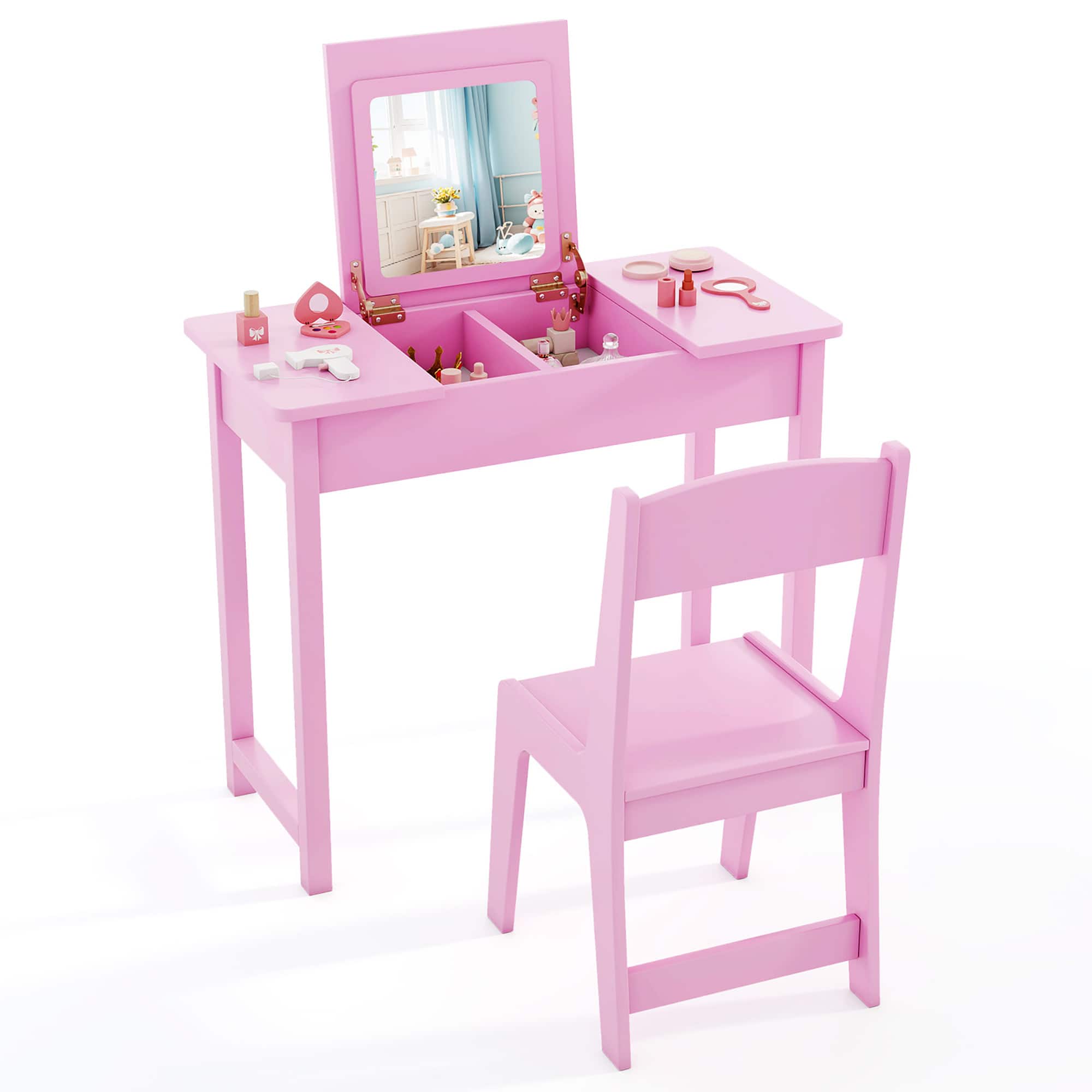 Gymax - Kids Vanity Table & Chair Set 2-in-1 Princess Makeup Dressing Desk Set - Pink