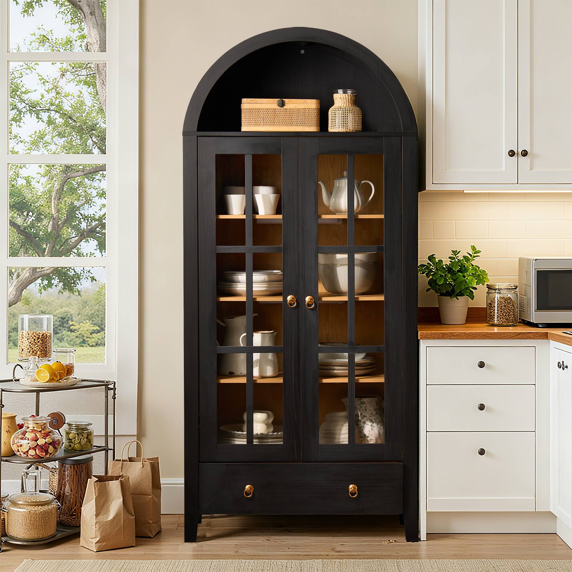 Alt View 2. Ovios - 70.8" LED Arched Kitchen Pantry Cabinet, 4 Tier Shelves Standing Storage Bookshelf for Living & Bed Room - Black.