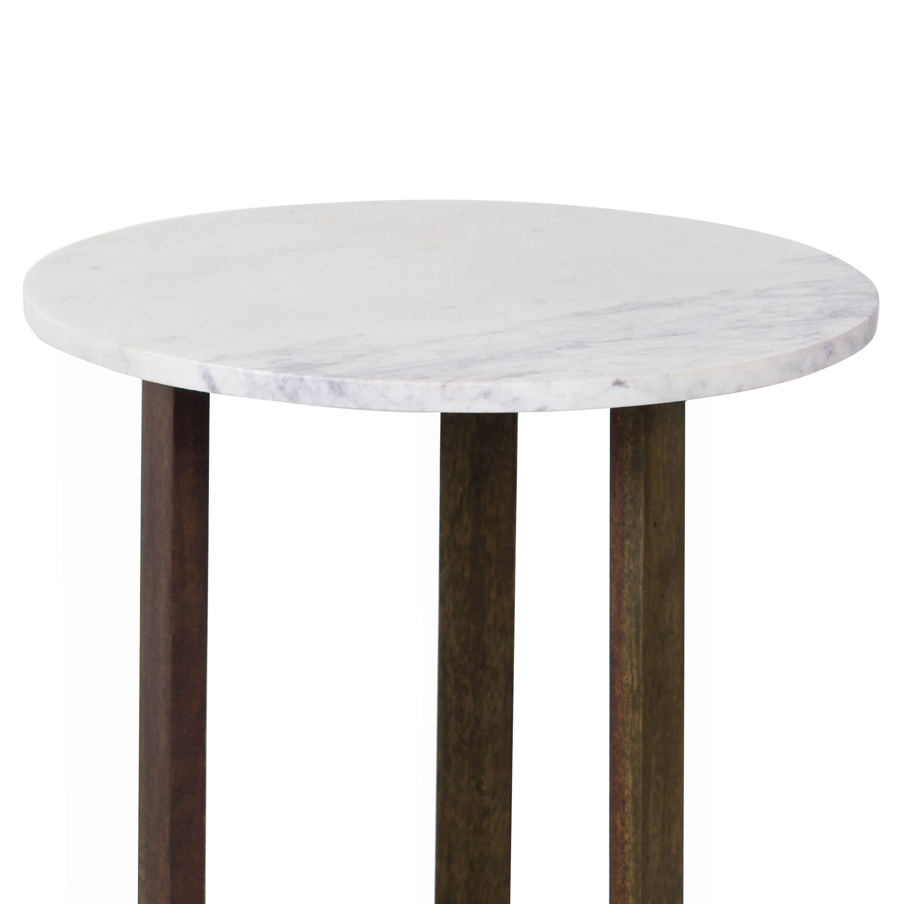 Alt View 2. Manhattan Lane - Fina Side End Table, 20 Inch Round White Genuine Marble Top, Natural Brown Mango Wood 3 Leg Sled Base - White, Natural Brown.
