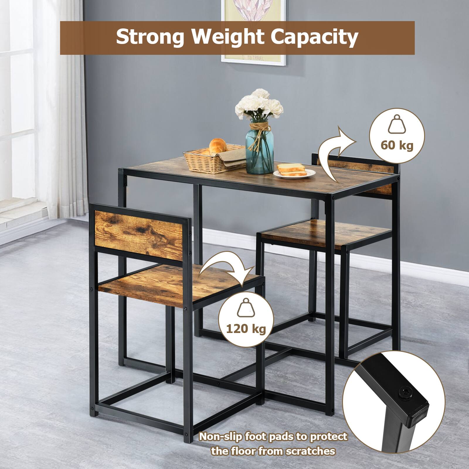 The image features a wooden table with a vase of flowers on top. The table is described as having a strong weight capacity, with a weight limit of 60 kg and 120 kg. Additionally, the table is equipped with non-slip foot pads to protect the floor from scratches.