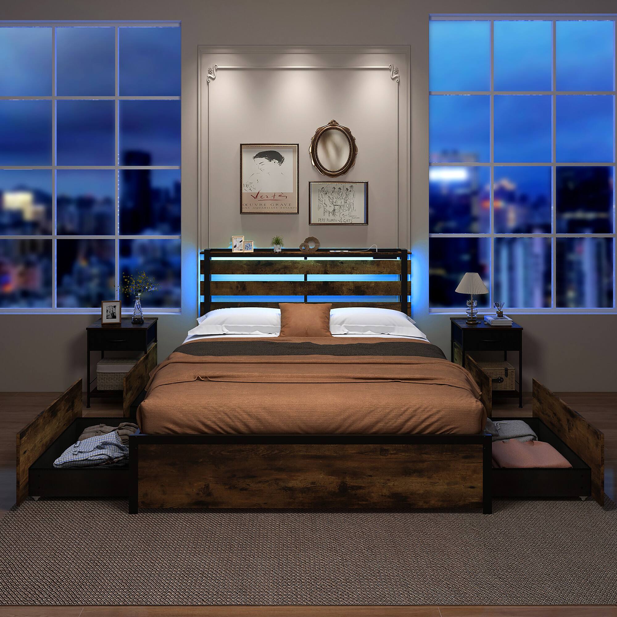 Alt View 3. Gymax - Gymax Queen Size Bed Frame w/ Drawers LED Lights Outlets & USB Ports Smart APP Control - Rustic Brown.