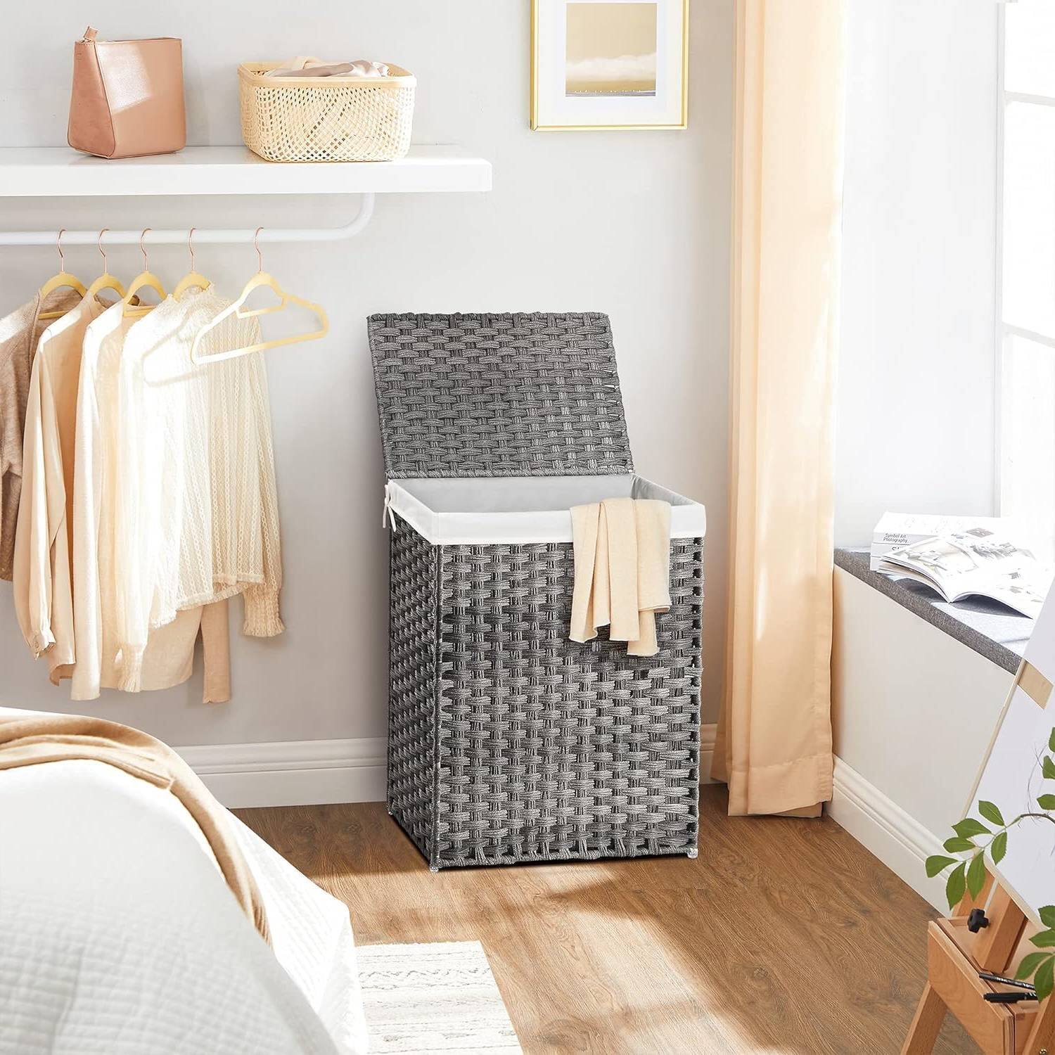 Left. Hivvago - Grey Rattan Plastic Laundry Hamper Basket w/ Lid and Removable Cotton Liner Bag - Gray.