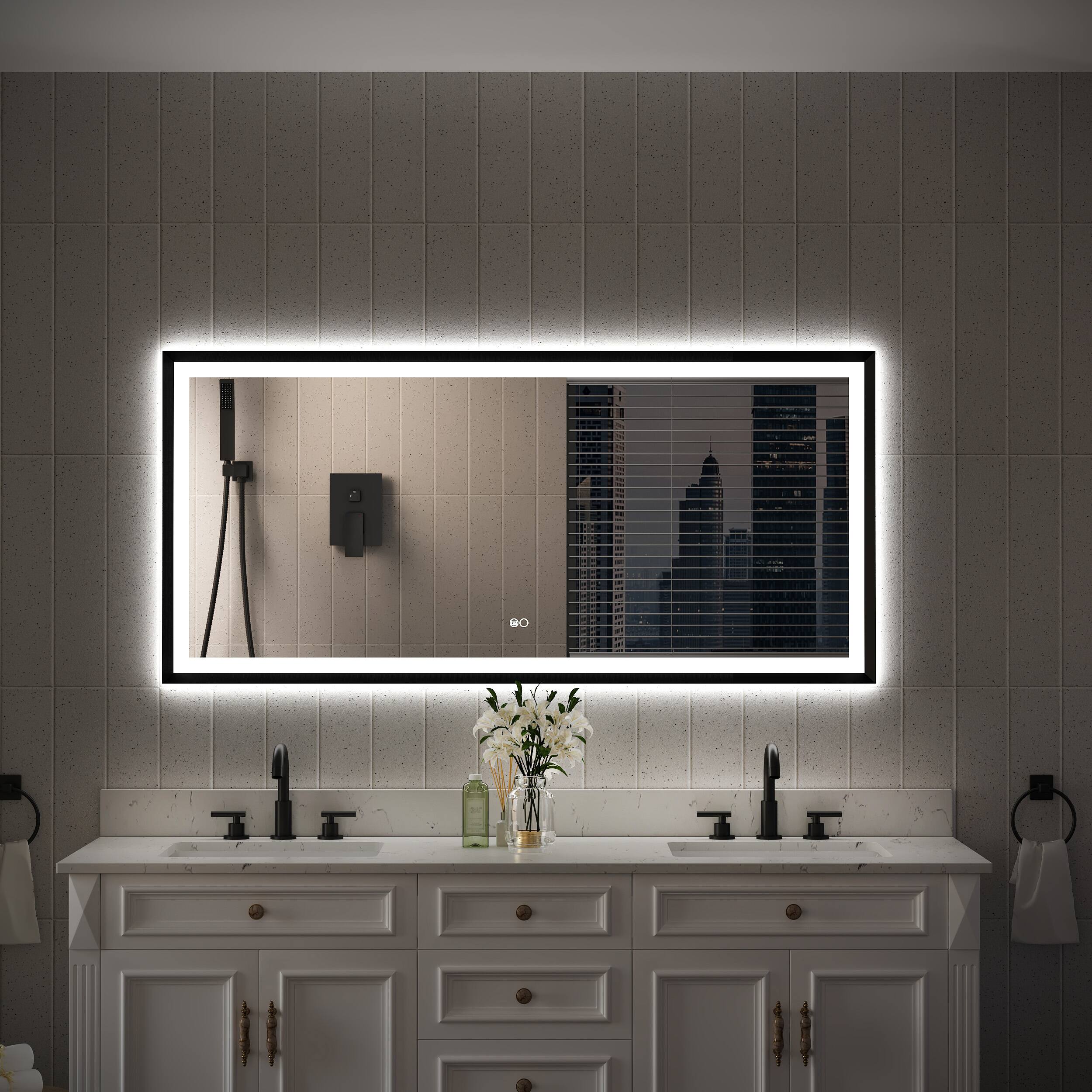 Left. WELLFOR - 60 in W x 28 in. H Rectangular Single Aluminum Framed Anti-Fog LED Light Wall Bathroom Vanity Mirror - Matte Black.