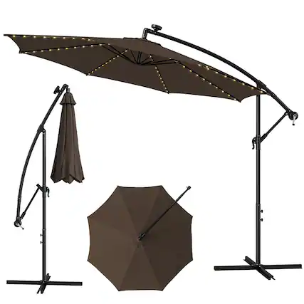 Front. Costway - 10FT Patio Solar-Lighted 112 LED Cantilever Offset Umbrella Crank Tilt Outdoor - Coffee.