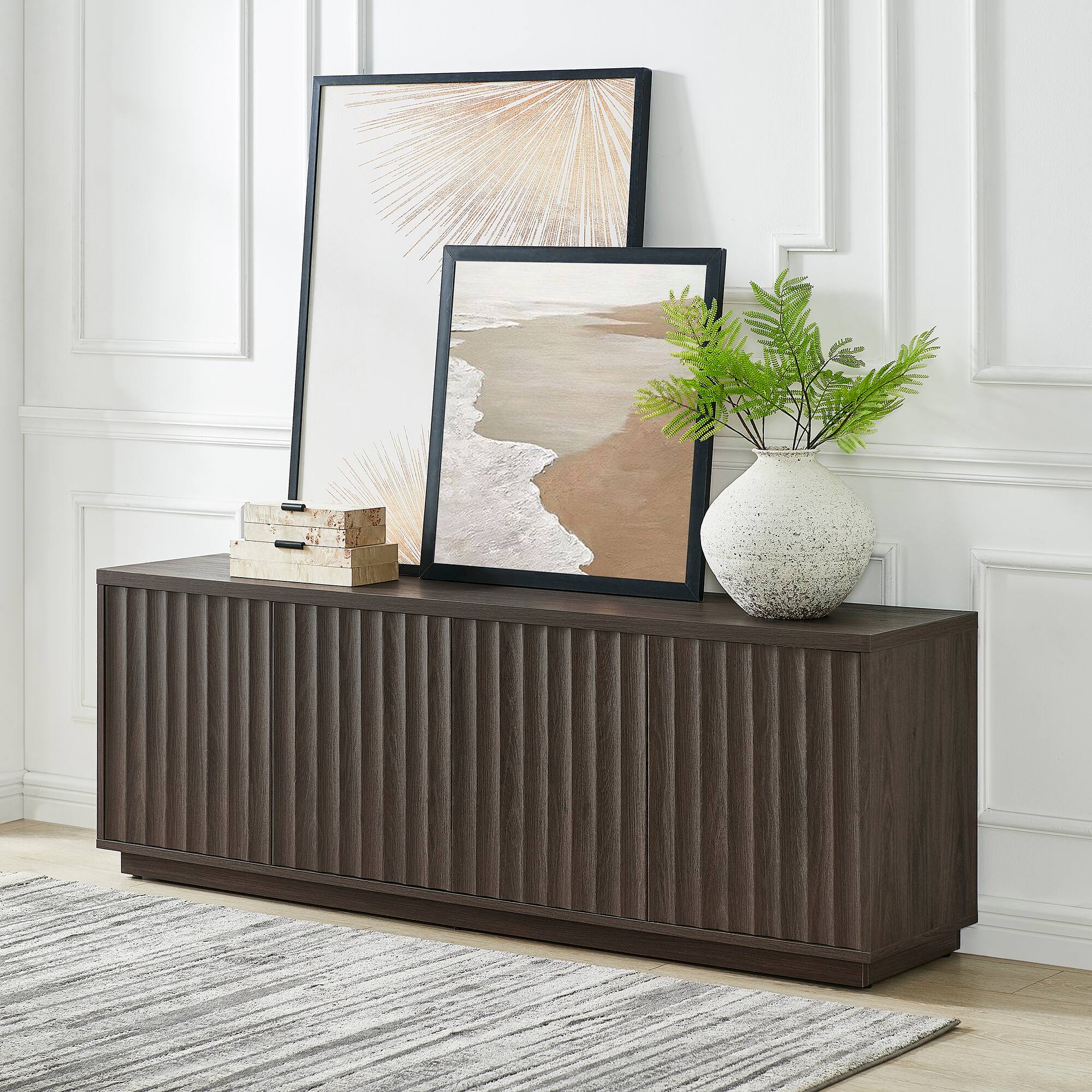 Alt View 3. Hudson&Canal - Bourne Rectangular Fluted TV Stand for TV's up to 75" in Brown Oak - Brown Oak.