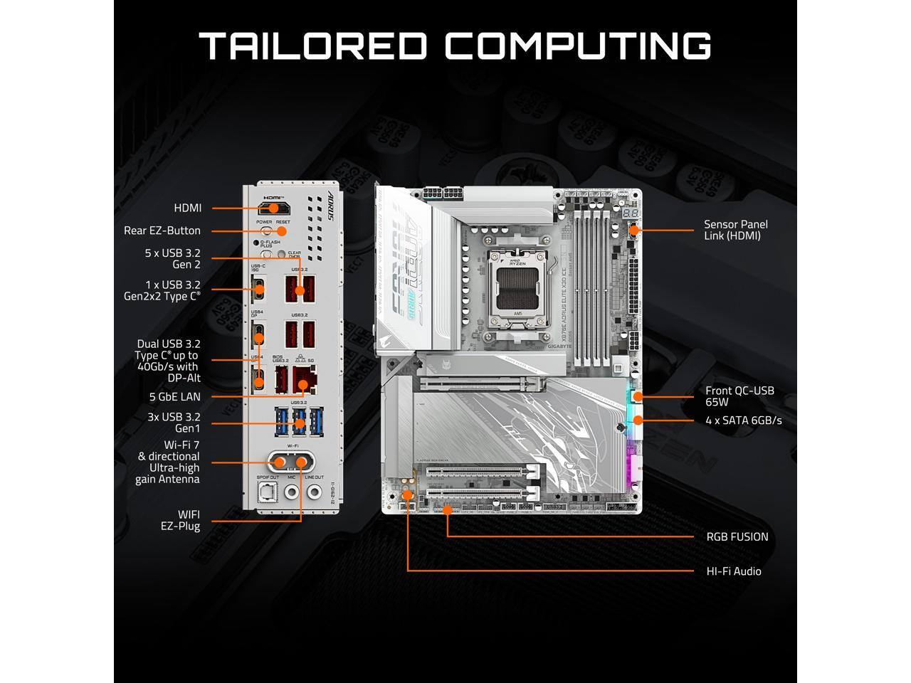 TAILORED COMPUTING

- HDMI
- Rear EZ-Button
- 5 x USB 3.2 Gen 2
- 1 x USB 3.2 Gen2x2 Type C*
- Dual USB 3.2 Type C* up to 40Gb/s with DP-Alt
- 5 GbE LAN
- 3x USB 3.2 Gen 1
- Wi-Fi 7 & directional Ultra-high gain Antenna
- WIFI EZ-Plug
- Sensor Panel Link (HDMI)
- Front QC-USB 65W
- 4 x SATA 6GB/s
- RGB FUSION
- HI-Fi Audio