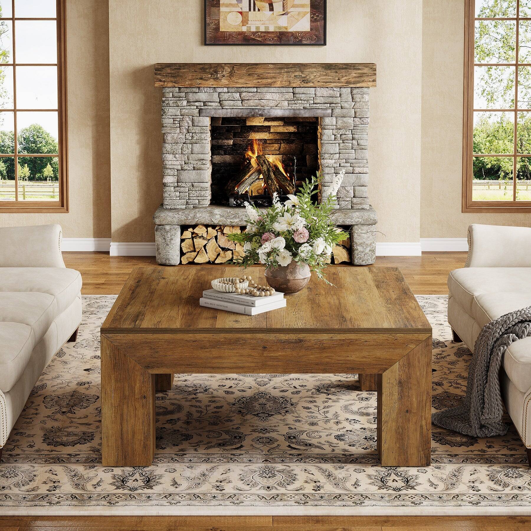 Angle. Tribesigns - Coffee Table with Engineered Wood Construction, Wood Grain Finish and Square Top for Living Room - Brown.