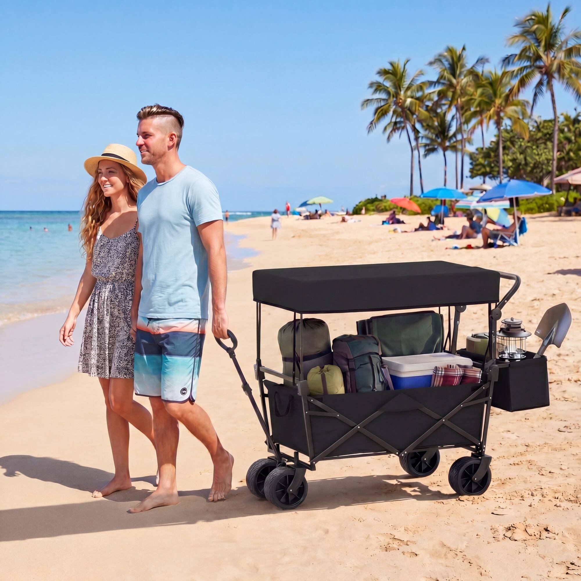 Alt View 1. Costway - Costway Folding Utility Wagon with Detachable Canopy, Collapsible Garden Cart with Adjustable Push & Pull Handles - Black.