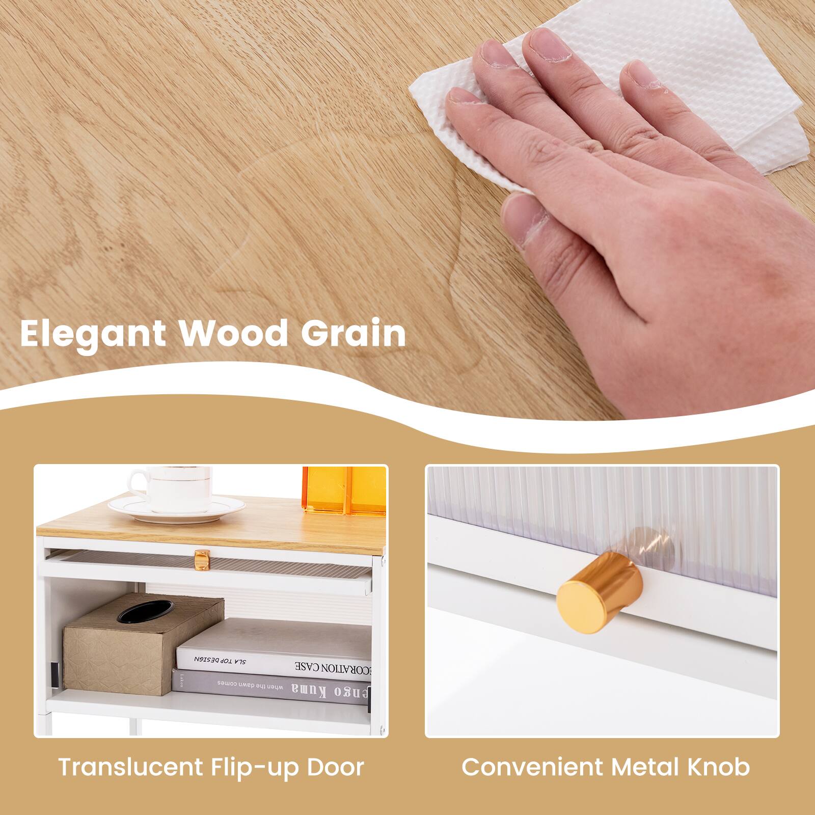 Elegant Wood Grain, Translucent Flip-up Door, Convenient Metal Knob