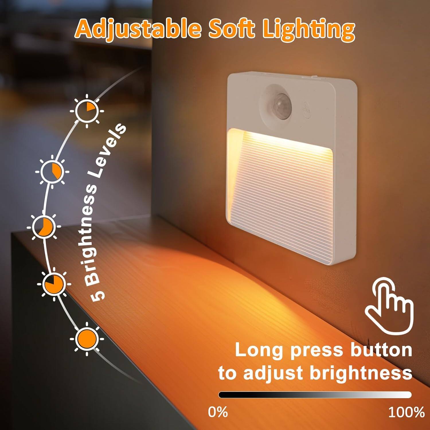 Adjustable Soft Lighting

5 Brightness Levels

Long press button to adjust brightness

0% 100%