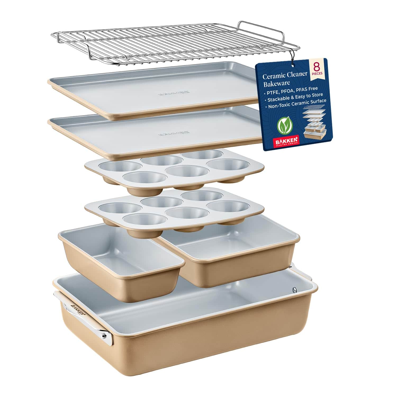 Bakken- Swiss - Bakken 8-Piece Bakeware Set – Non-Toxic Ceramic, PFOA/PTFE Free, Stackable, Oven Safe, with Rack & Easy-Grip Pans - Gold